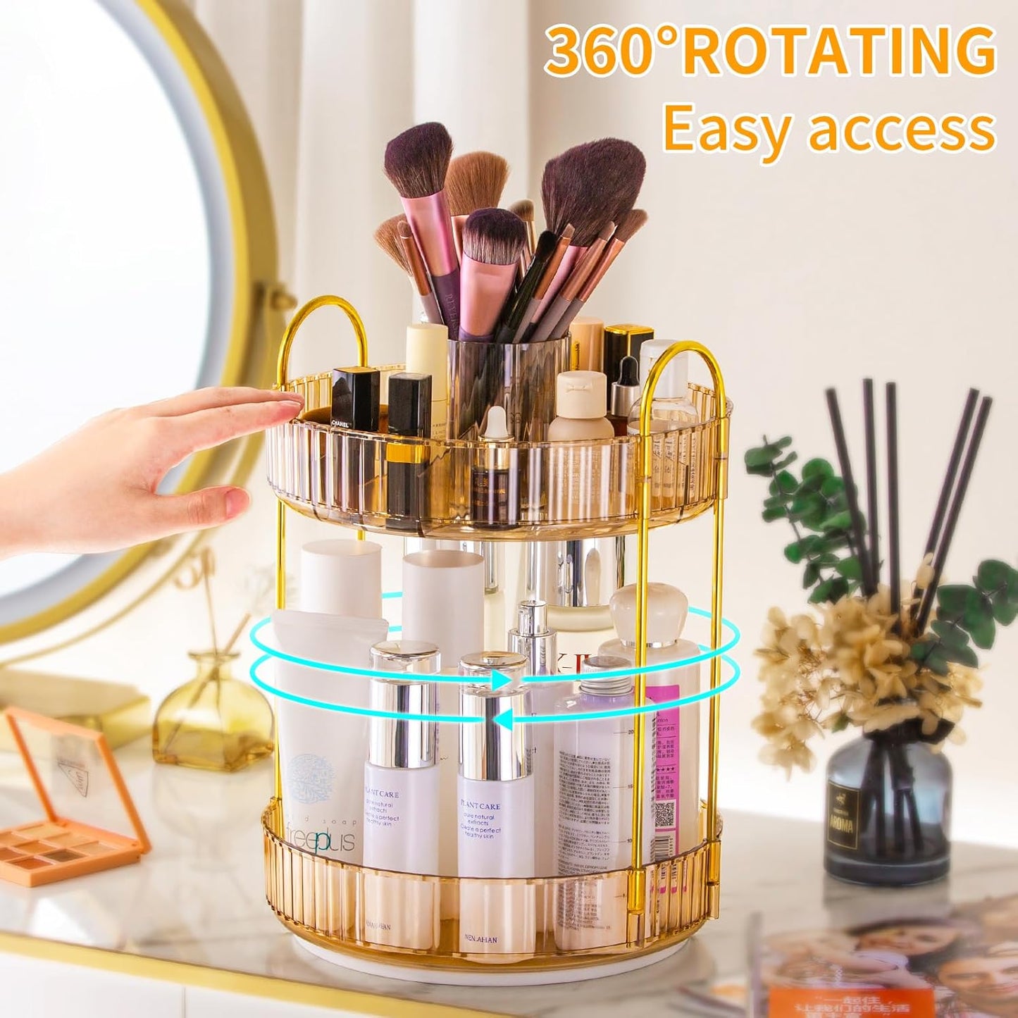 360 Rotating Makeup Organizer - Large-Capacity Skincare & Makeup Storage with 2-Tier Perfume Organizers, Cosmetic Dresser & Makeup Brush Holder - Fits Bedroom, Bathroom, Vanity Shelf & Countertop