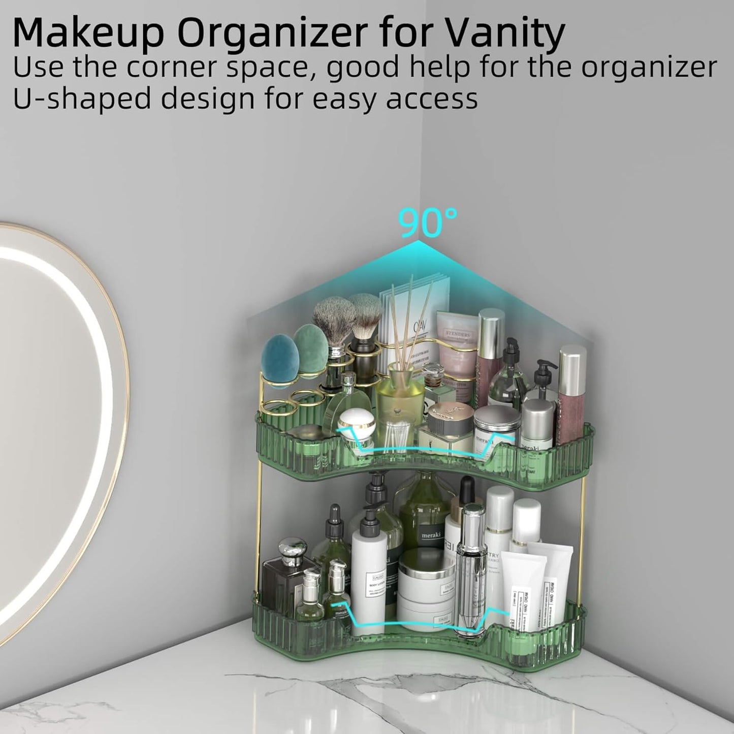 2 Tier Corner Bathroom Organizer Countertop, Vanity Makeup Organizer with Brush Holder, Space-Saving Skincare Storage Corner Shelf for Bathroom, Dressing Table, Kitchen