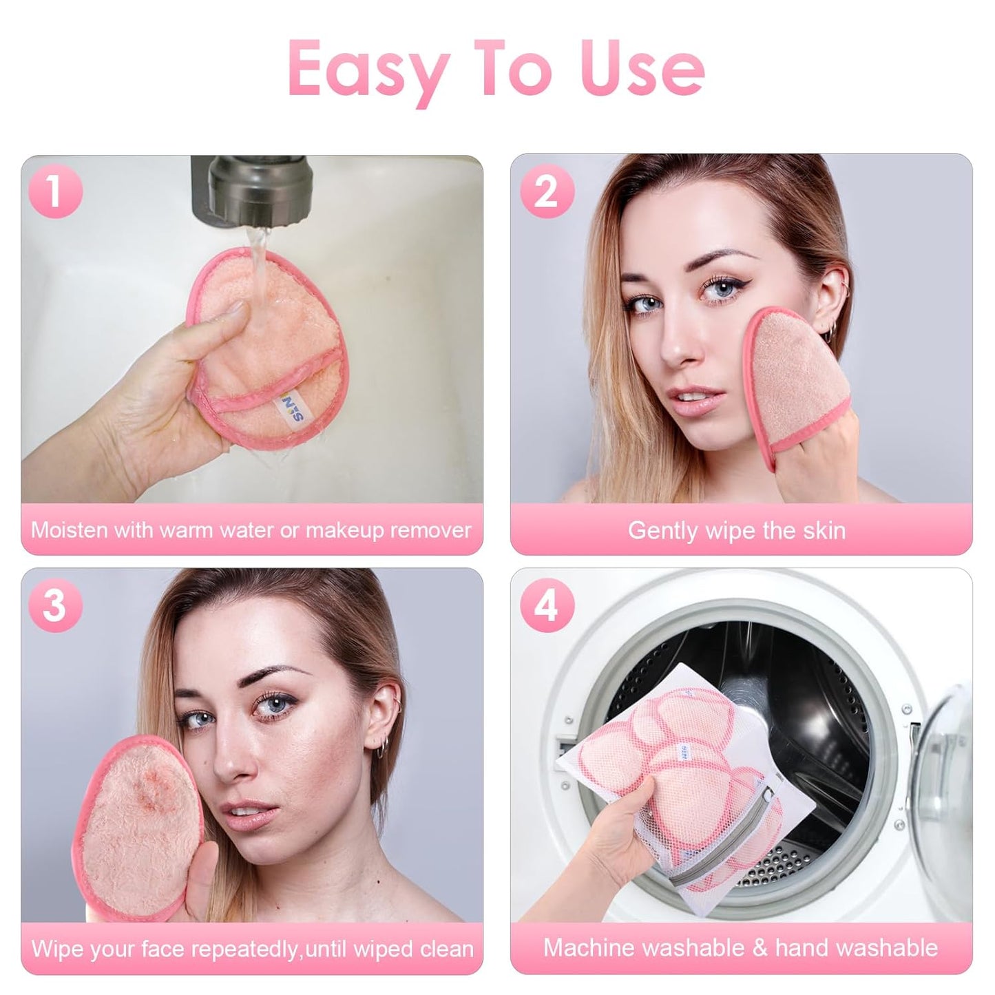 SINLAND Reusable Makeup Remover Pads For Face,Eye,Lips Microfiber Gentle Facial Cleansing Cloths for All Skin Types Friendly for Makeup Remover With Laundry Bag 5.1inchx3.93inch Pink Pack of 6