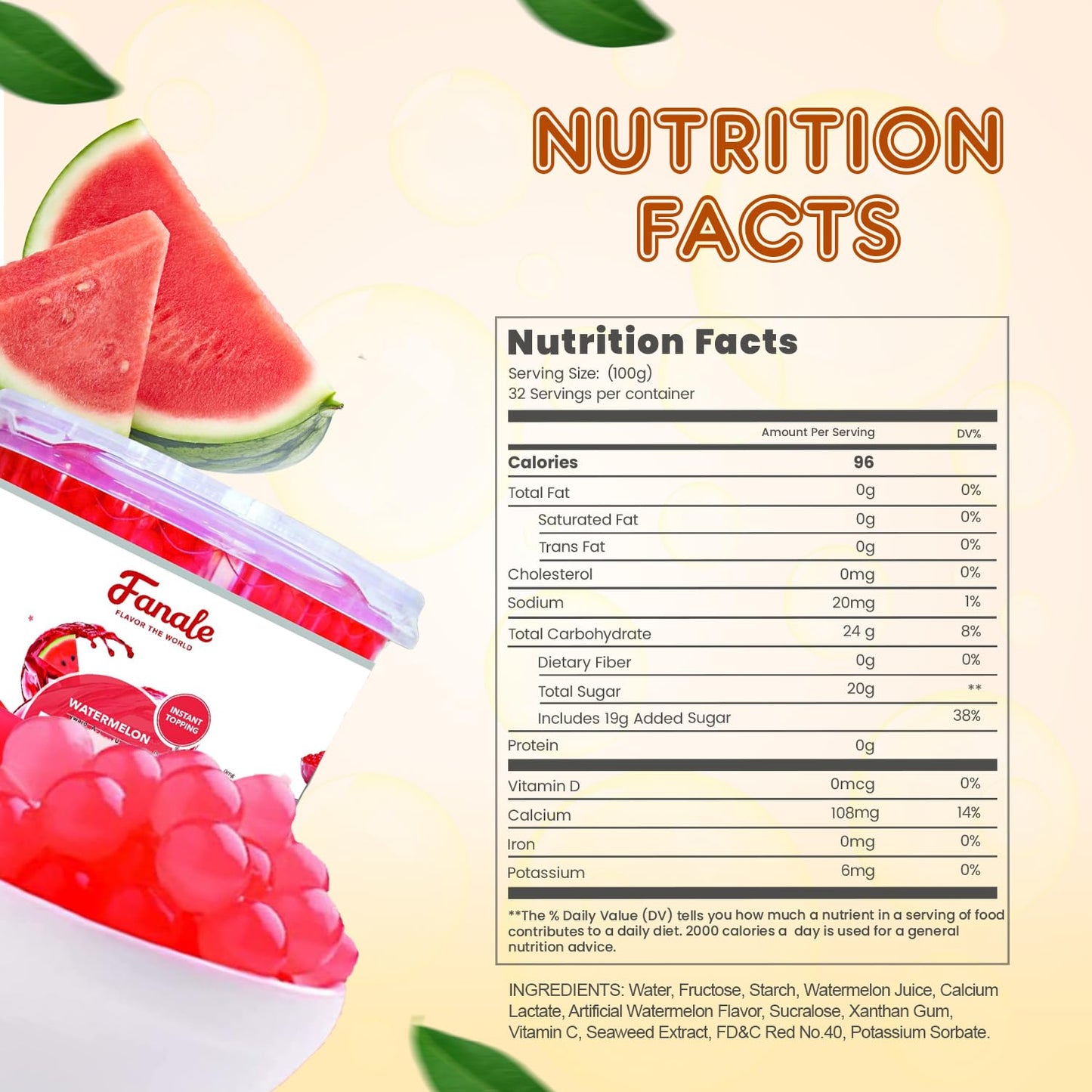 Fanale Watermelon Popping Boba Pearls, Vegan, Non GMO, Gluten Free, Fat Free, Perfect for Bubble Tea, Smoothies, Ice Cream, Desserts, and Beverages.
