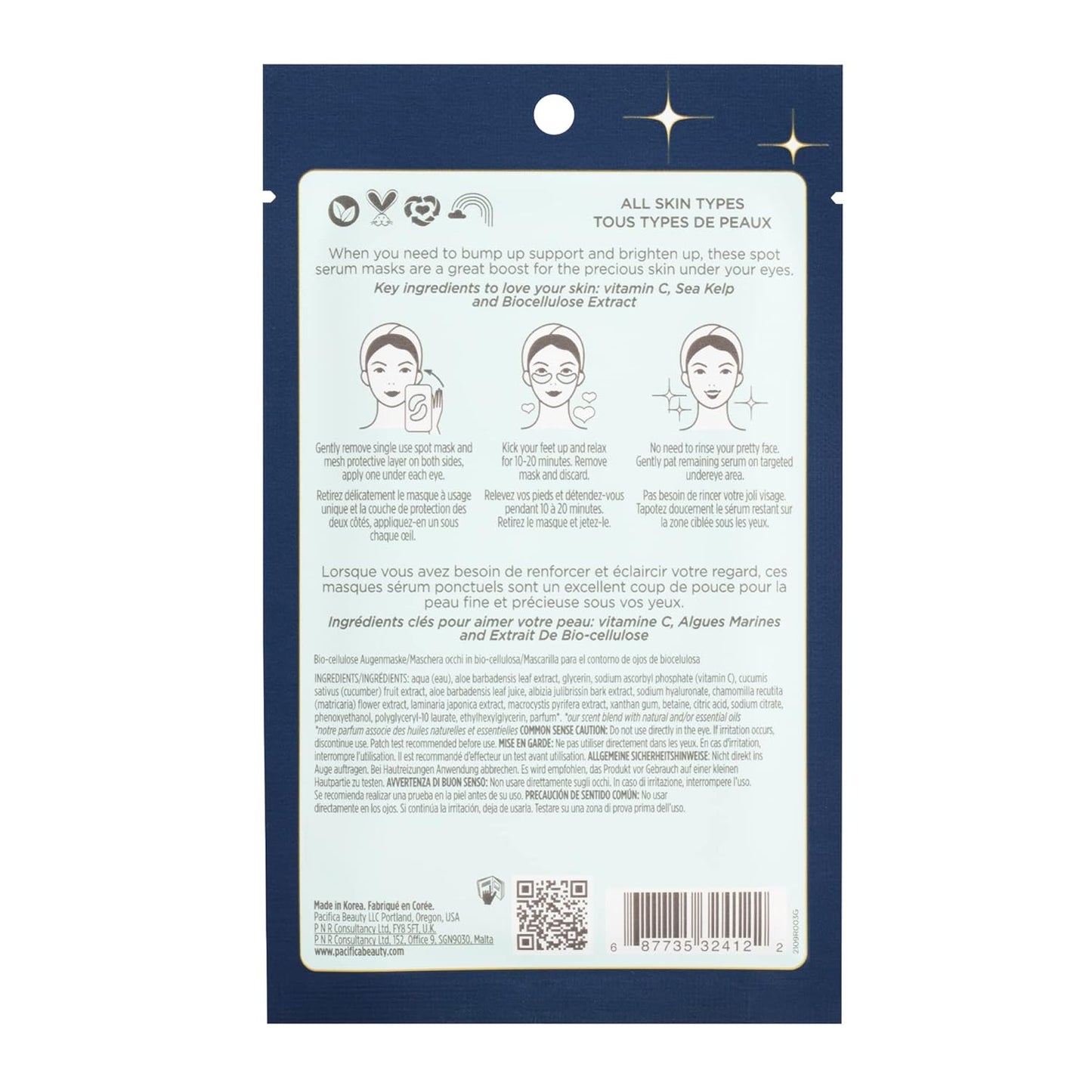 Pacifica Beauty, Eye Bright Vitamin C Spot Serum Mask, Under Eye Patches, Brightening, Moisturizing, Plumping for all Skin Types, Plant-Based, Vegan + Cruelty Free, Blue, 1 Count (Pack of 2)