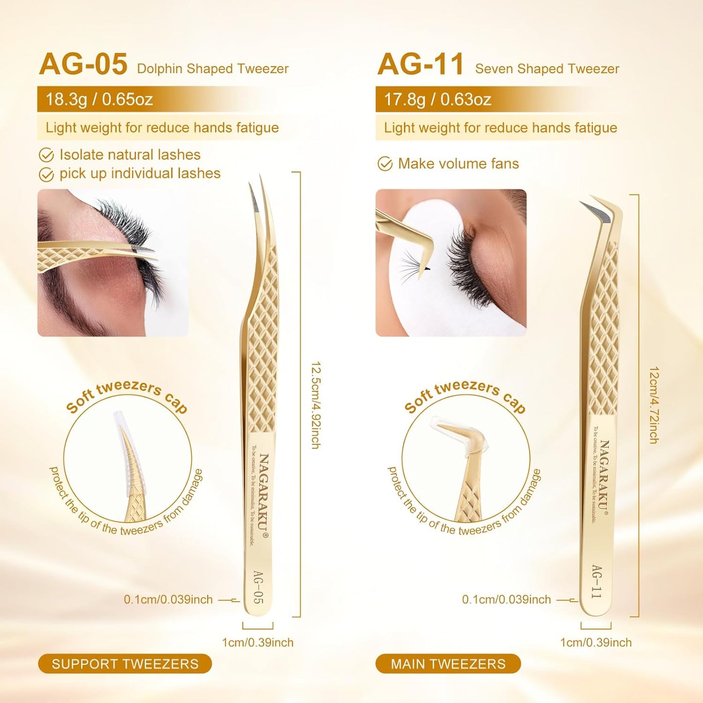 NAGARAKU Eyelash Tweezers, 1 Pair Precision Micro Fiber Tip Tweezer for Lash Extensions Volume Tweezers Antistatic Curved Tip Stainless Steel with Box -Dolphin & Seven Shaped Tweezers AG-05 & AG-011