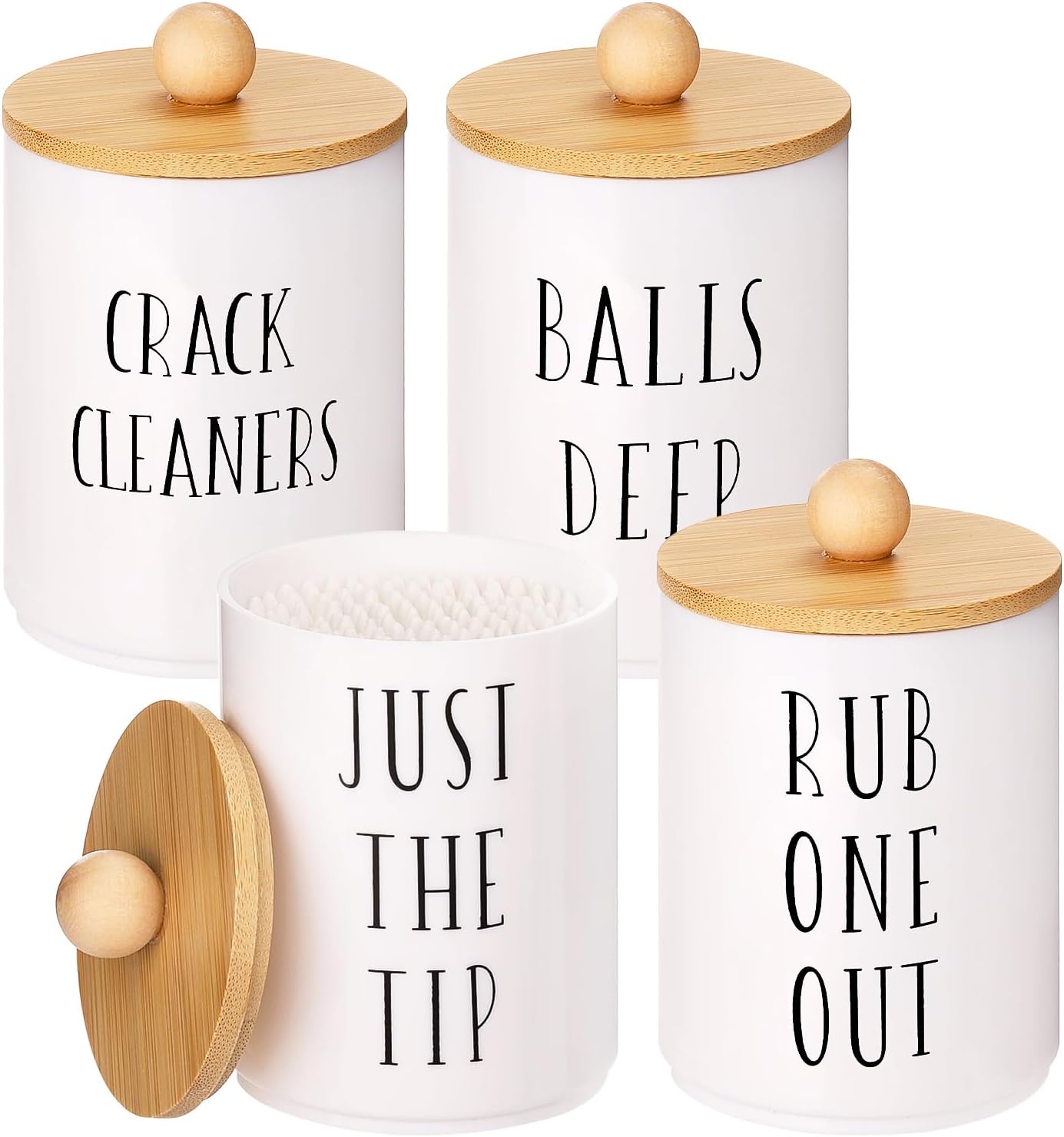 Tbestmax 4 Pack Qtip Holder Dispenser White Plastic Apothecary Jars for Bathroom Organizer, 10oz Storage Containers for Cotton Ball, Cotton Swab, Floss