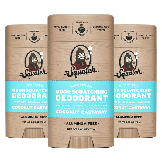 Dr. Squatch Natural Deodorant for Men - Odor-Squatching Aluminum Free - Coconut Castaway (2.65 oz, 3-Pack)
