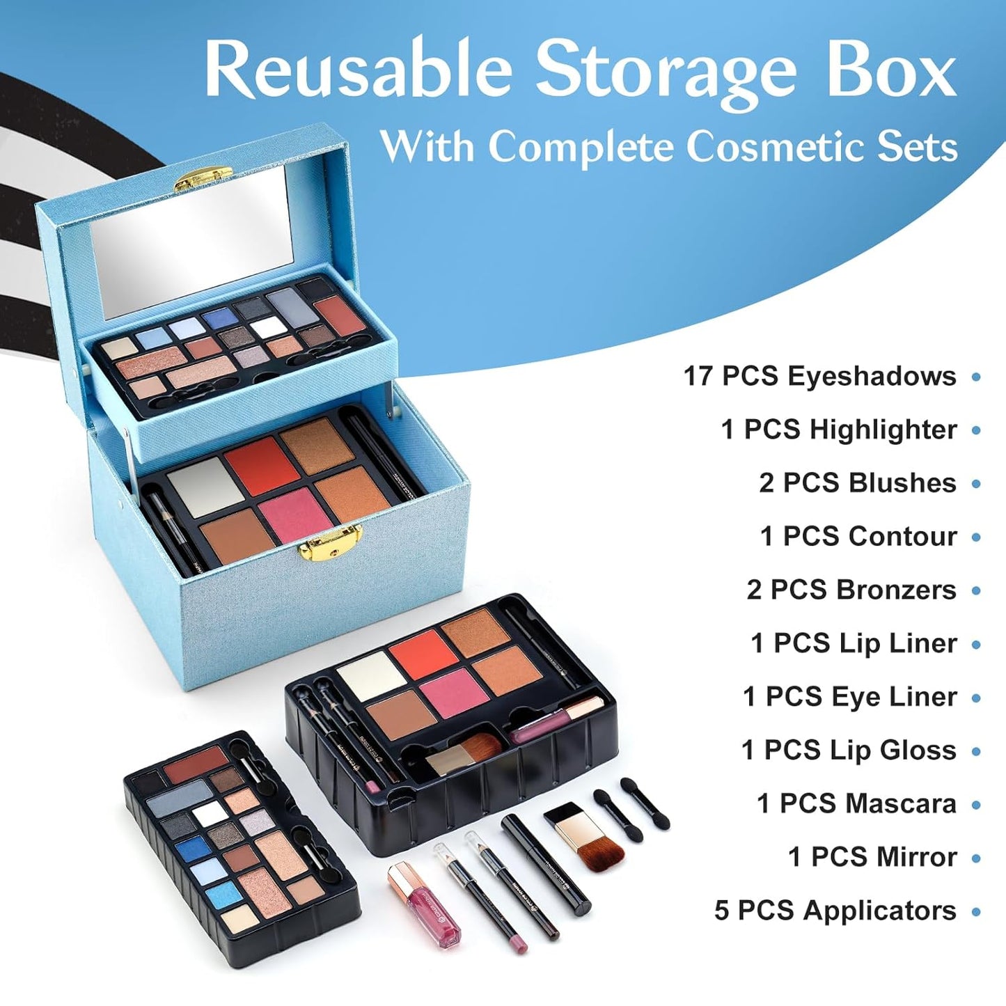 Color Nymph Beginner Makeup Kit For Teens, Girls Makeup kits With Recyclable And Key-Lockable Cabinet Included 17-Colors Eyeshadows Blushes Bronzer Highlighter Lipstick Brushes Mirror(Blue)