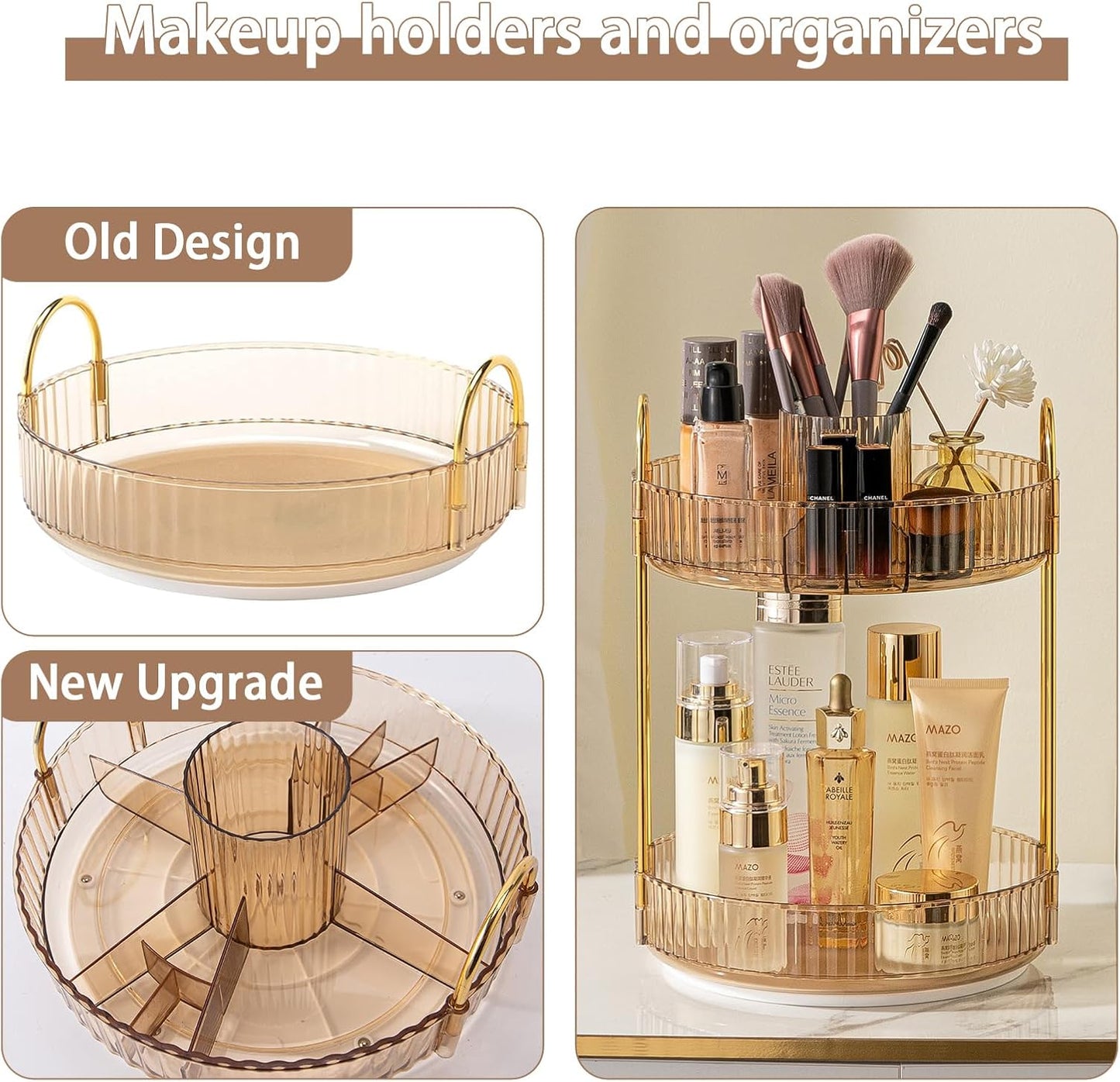 Rotating Makeup Organizer for Vanity, High-Capacity Skincare Clear Make Up Storage Perfume Organizers Cosmetic Dresser Organizer Countertop 360 Spinning (Gold, New-2 Tier)