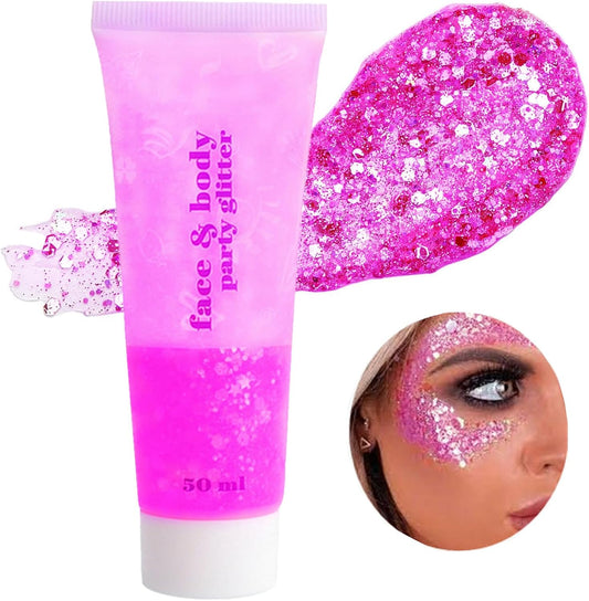 Go Ho Hot Pink Face Body Glitter Gel,Singer Concerts Hot Pink Face Paint Makeup,Holographic Chunky Sequins Glitters for Eye Lip Hair Nails,Festival Rave Accessories,52g