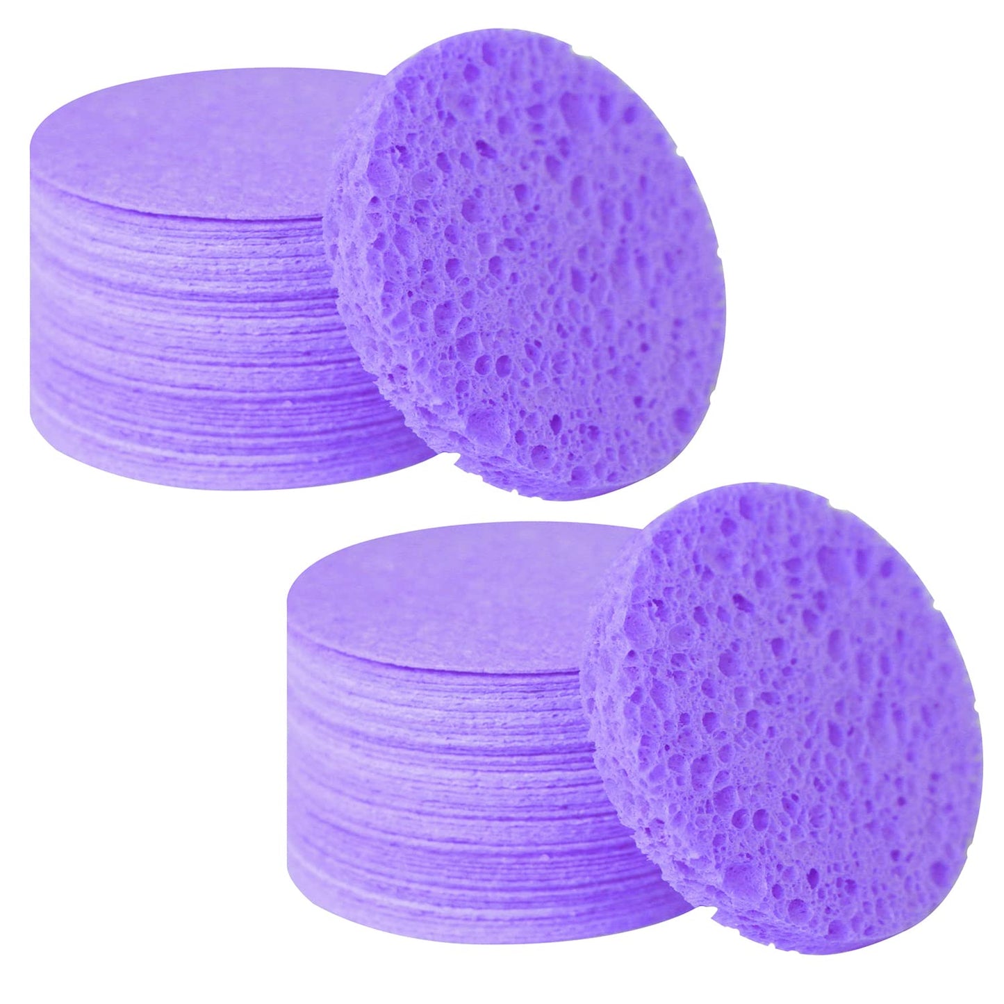 100-Count Facial Sponges Compressed Natural Cellulose Sponge Round Shape Face Sponge for Face Cleansing Exfoliating and Makeup Removal, Purple