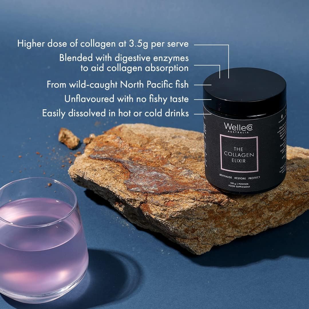 WelleCo The Collagen Elixir Collagen Powder, Marine Collagen Peptides with Vitamin C, Hyaluronic Acid, Digestive Enzymes & Silica, for Glowing Skin, Hair & Nails, Gluten Free, Unflavored, 4.23 oz