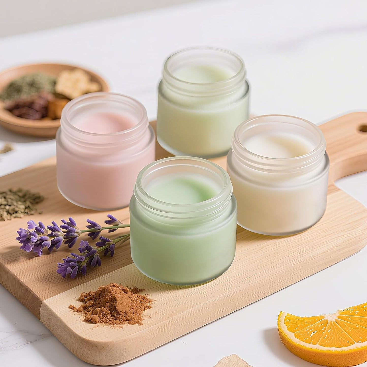 2oz Jars with Lids, Hoa Kinh 24 Pack Frosted Glass Jars with Woodgrain Lids Empty Cosmetic Containers Round Airtight Glass Jar with Inner Liners and Lid for Storing Lotions, Powders, and Ointments
