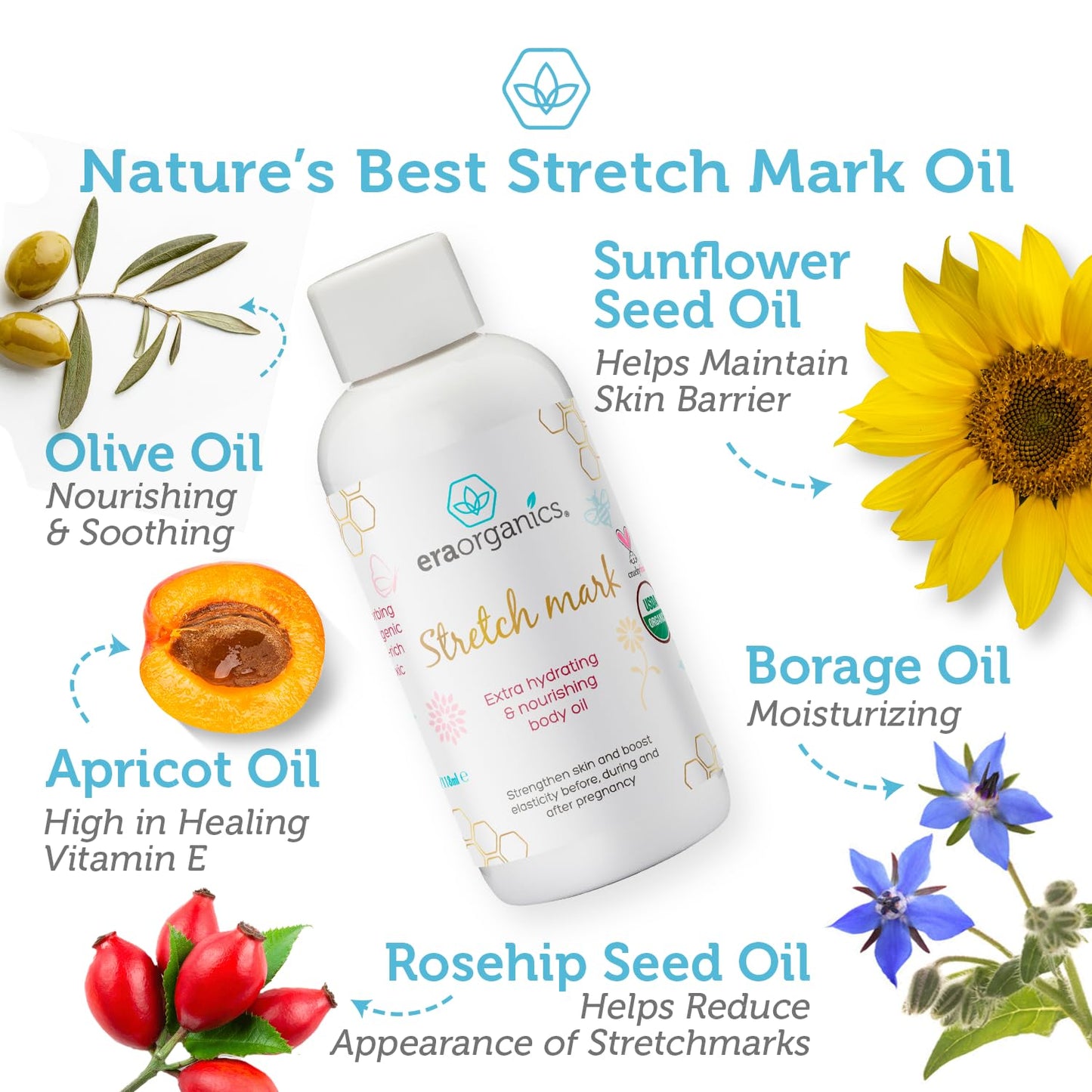Era Organics Organic Stretch Mark Oil for Pregnancy - Extra Moisturizing Belly Oil for Pregnancy - Pregnancy Oil to Prevent Stretch Marks - Pregnancy Must Haves