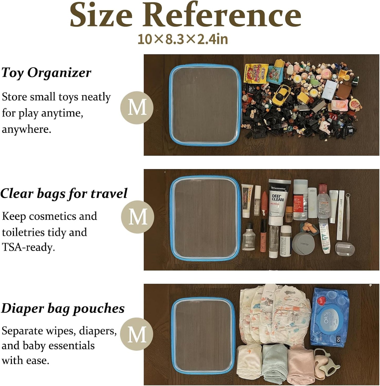 4 pcs Clear Zipper Pouches,Hard Shell Zipper Case, Toiletry Bag for Travel, CLear Diaper Bag, Toiletry Pouch, Travel Organizer, Clear Cosmetic Bag,Toy Storage Bins (M+3S) (Blue)