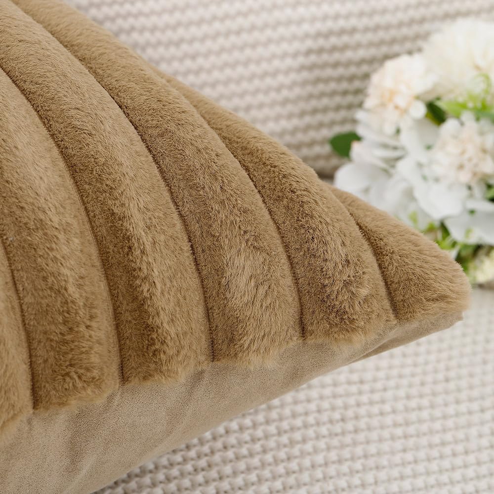 MADIZZ Set of 2 Faux Wool Plush Decorative Throw Pillow Covers 12x20 Inch Camel Fluffy Striped Soft Decorative Cushion Cover for Sofa Bedroom Pillow Shell