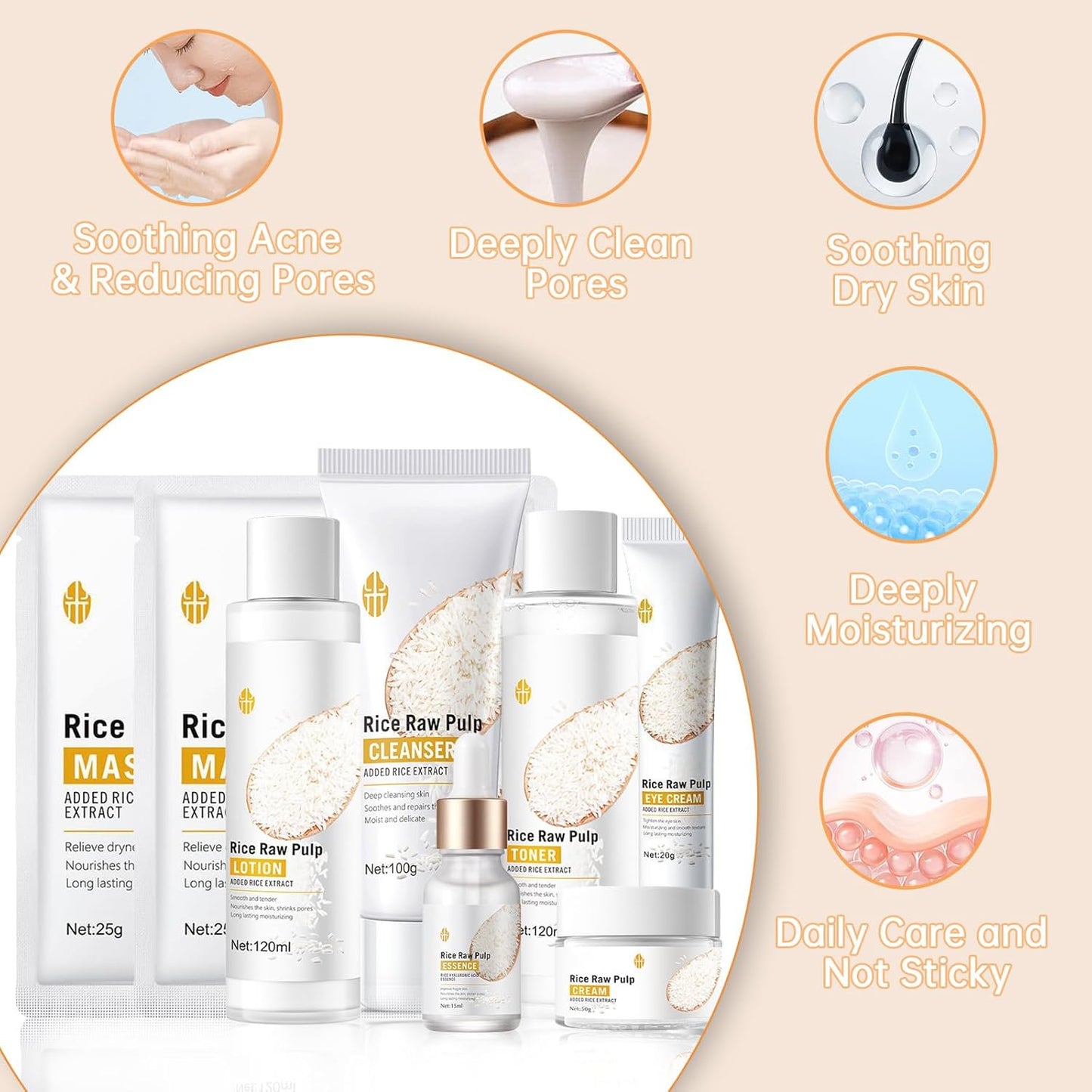 Rice Skin Care Sets For Women, 5/6Pcs Skin Care Kit, Moisturizing Skin Care Gift Set , Face Care Kit Inclusde Rice Mask, Cleanser, Toner, Lotion, Eyecream, Face Serum (5pcs Rice Raw Pulp)