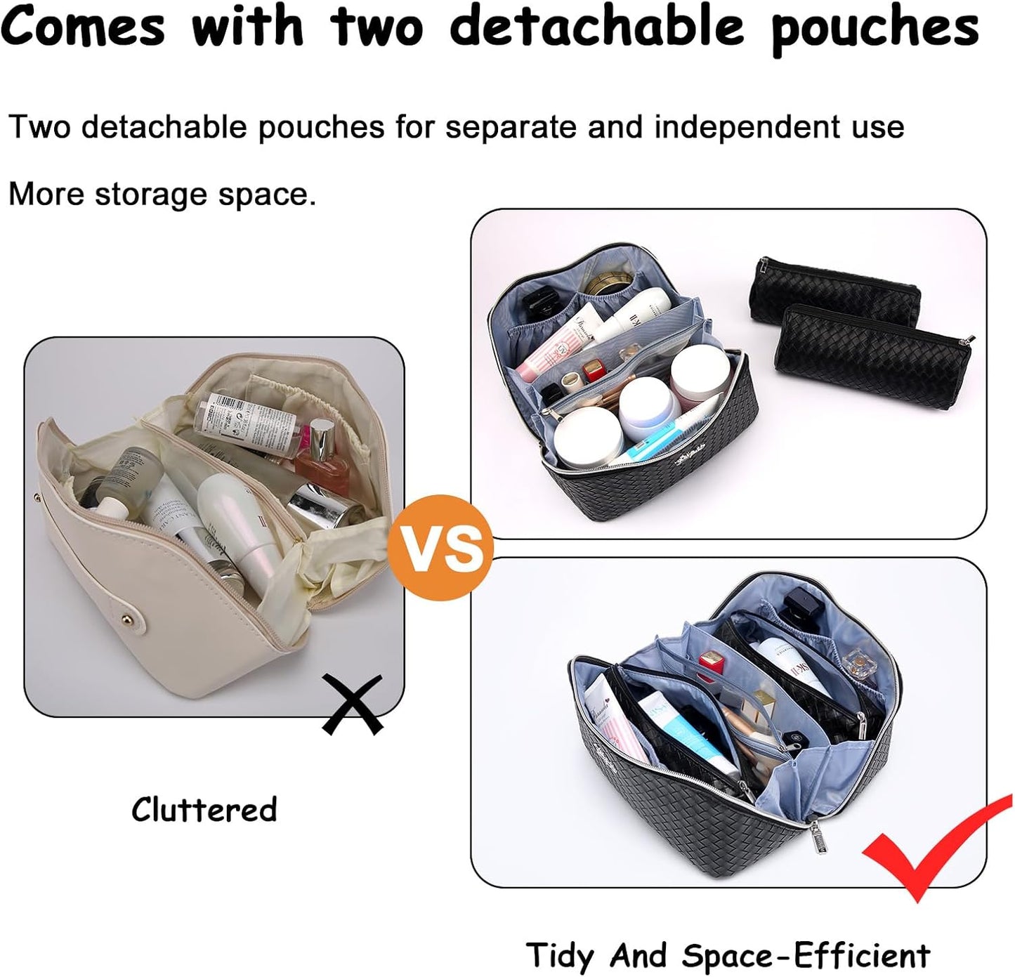 BOYATU Travel Makeup Bags for Women: Large Cosmetic Bag - PU Leather Make up Bag Set of 3 - Compact Toiletry Organizer with Compartments (L03 Black)