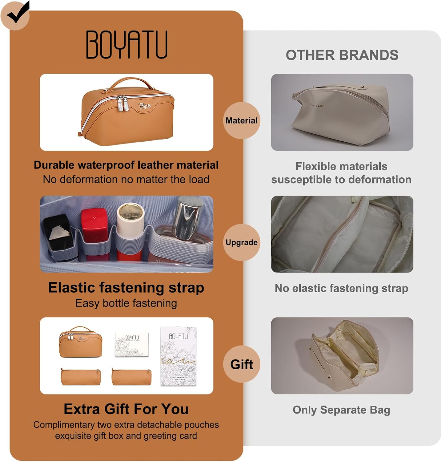 BOYATU Travel Makeup Bags for Women: Vegan Leather Cosmetic Bag Set of 3 - Large Capacity Make up Bag with Divider - Wide Open Waterproof Toiletry Organizer Bag with Handle (05-Brown)