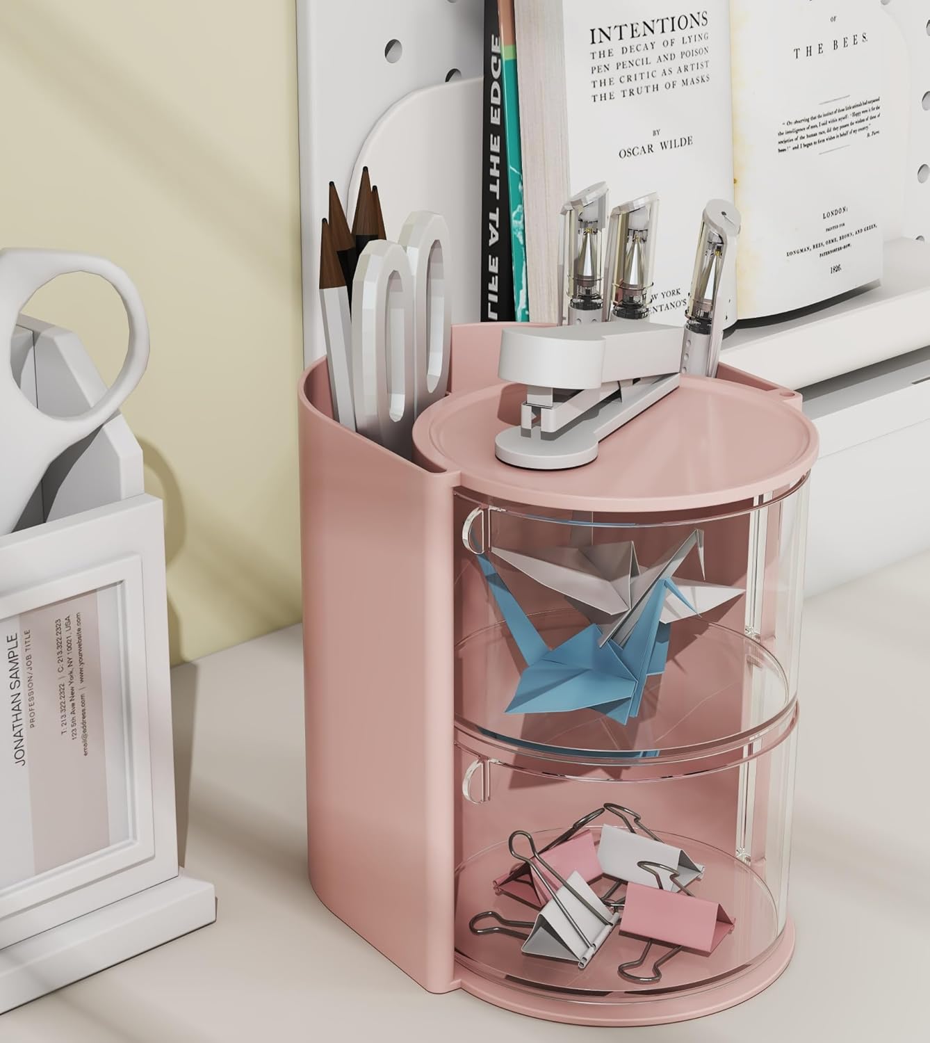 Hair Accessories Organizer with Hair Brush Holder, Rotatable Makeup Brush Holder for Necklaces, Earring, Bracelet, Ring, Makeup Brushes, Hair Clip and Hair Accessories (Pink, 2-Layer)