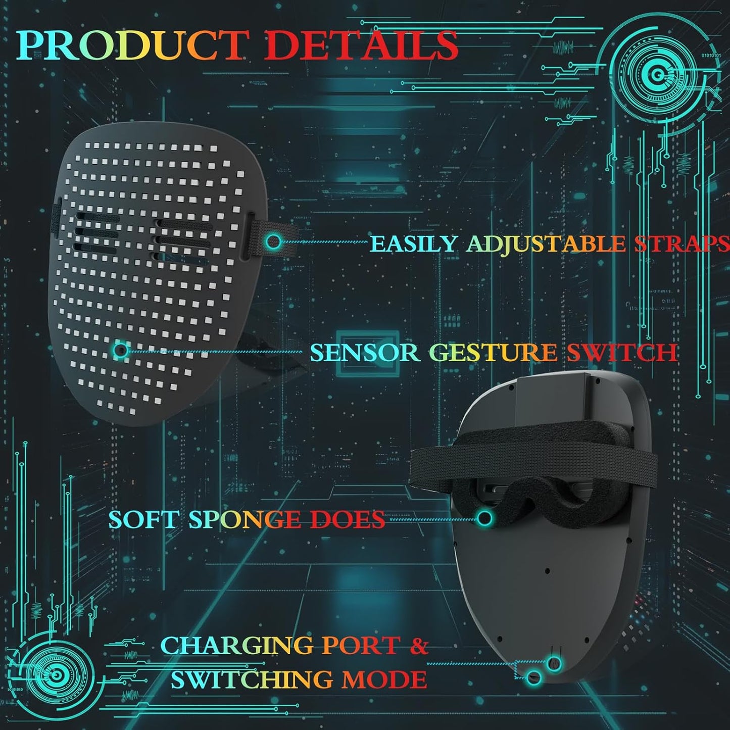 LED Mask with Gesture Sensing, Cool Light Up Transforming Face Mask for Halloween Xmas Cosplay