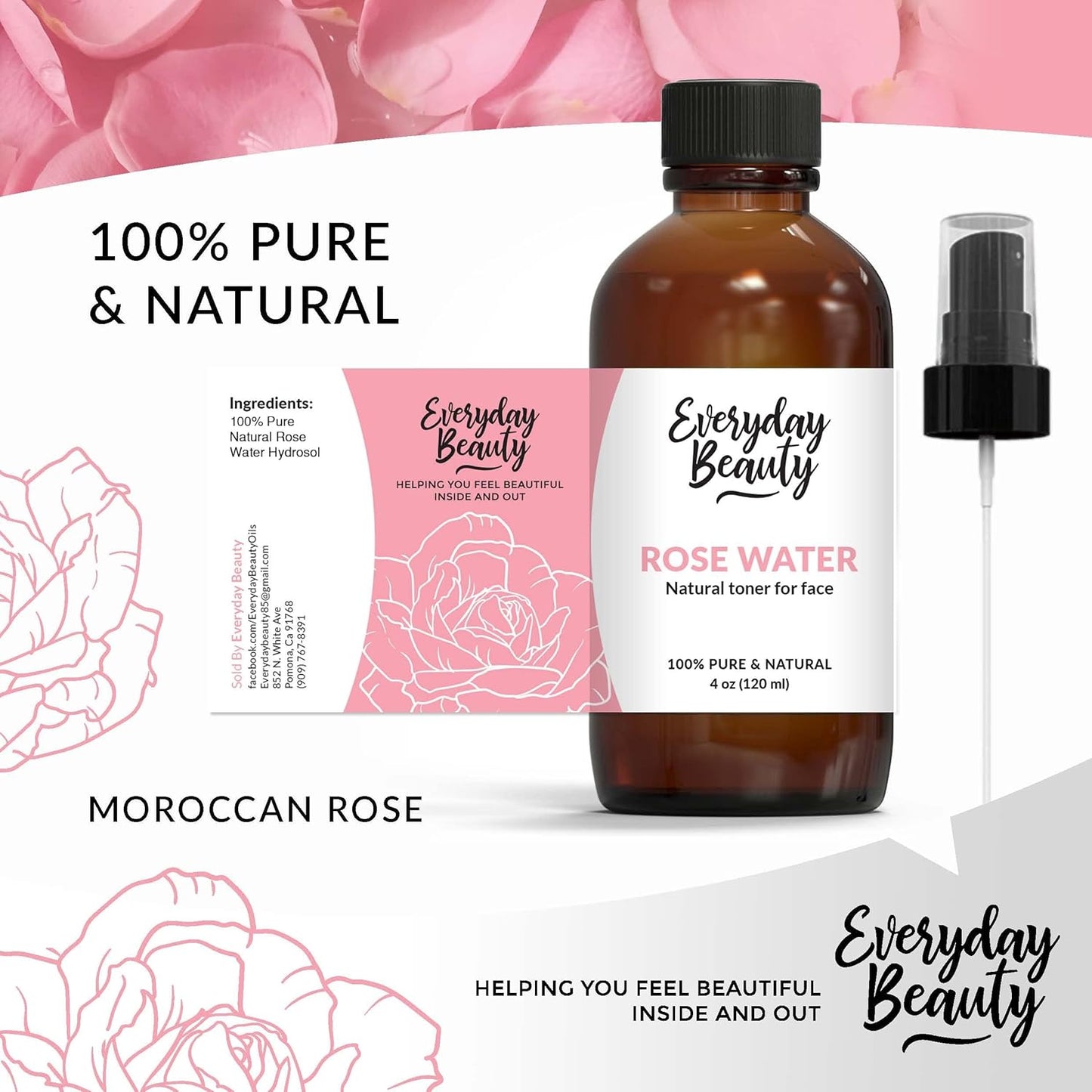 Rose Water Facial Toner - Alcohol-Free Vegan All Natural Refreshing Spray Mist for Face and Hair - Uplifts, Calming & Soothing for All Skin Types 4oz with Fine Mist Cap