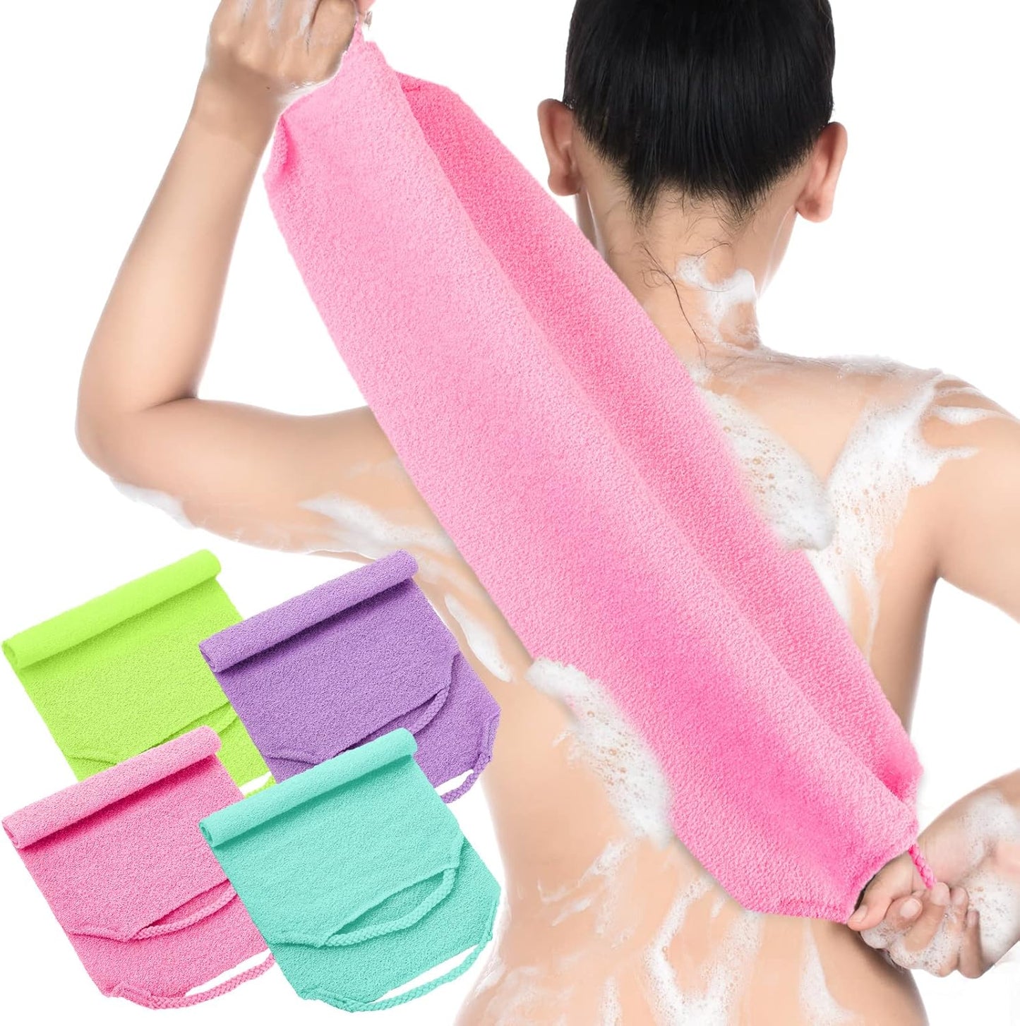 Moukeren Exfoliating Back Scrubber with Handles 4 Pack Nylon Back Exfoliator Extended Length Washers Scrubbers Stretchable Pull Strap Exfoliating Washcloth(Pink,Blue,Fluorescent Green,Purple)