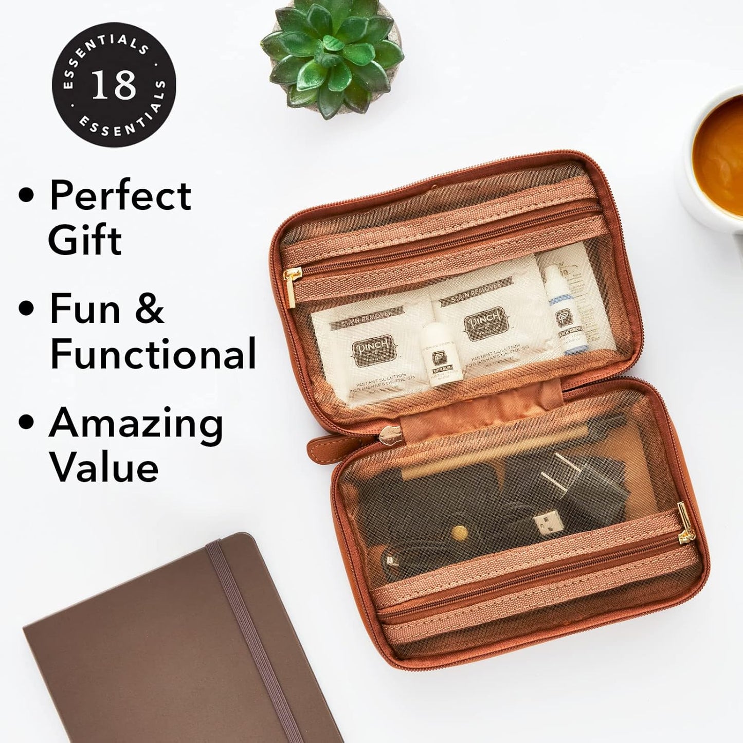 Pinch Provisions Work from Anywhere Kit, Includes 18 Essentials to Help You Stay on Task, Must-Have Essentials, Compact Multi-Functional Double-Pocket Vegan Leather Pouch