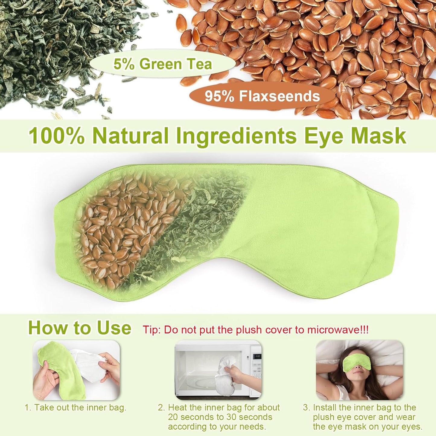 Weighted Eye Mask for Sleeping, Soft Heated Eye Mask, Moist Heat Warm Compress for Eyes, Natural Green Tea& Flaxseeds Microwave Reusable Sleep Mask, Must Haves for Women Spa, Home, Office