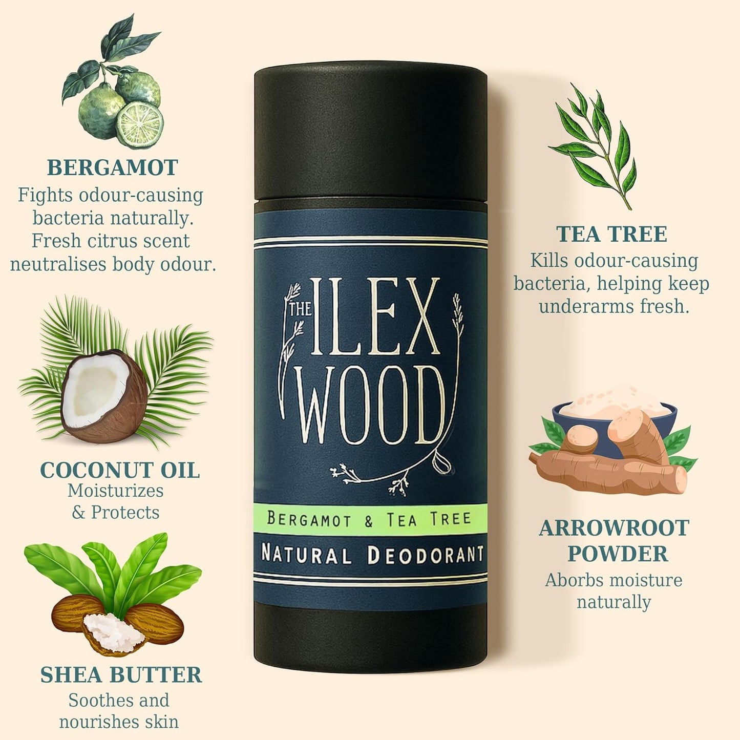 The Ilex Wood - Bergamot and Tea Tree Natural Deodorant - 2.4 fl oz. Natural Deo in Recyclable Cardboard Tube, Vegan, no Plastic, no Alcohol, no Toxins, no Aluminium Salts & Cruelty Free for Women & Men.