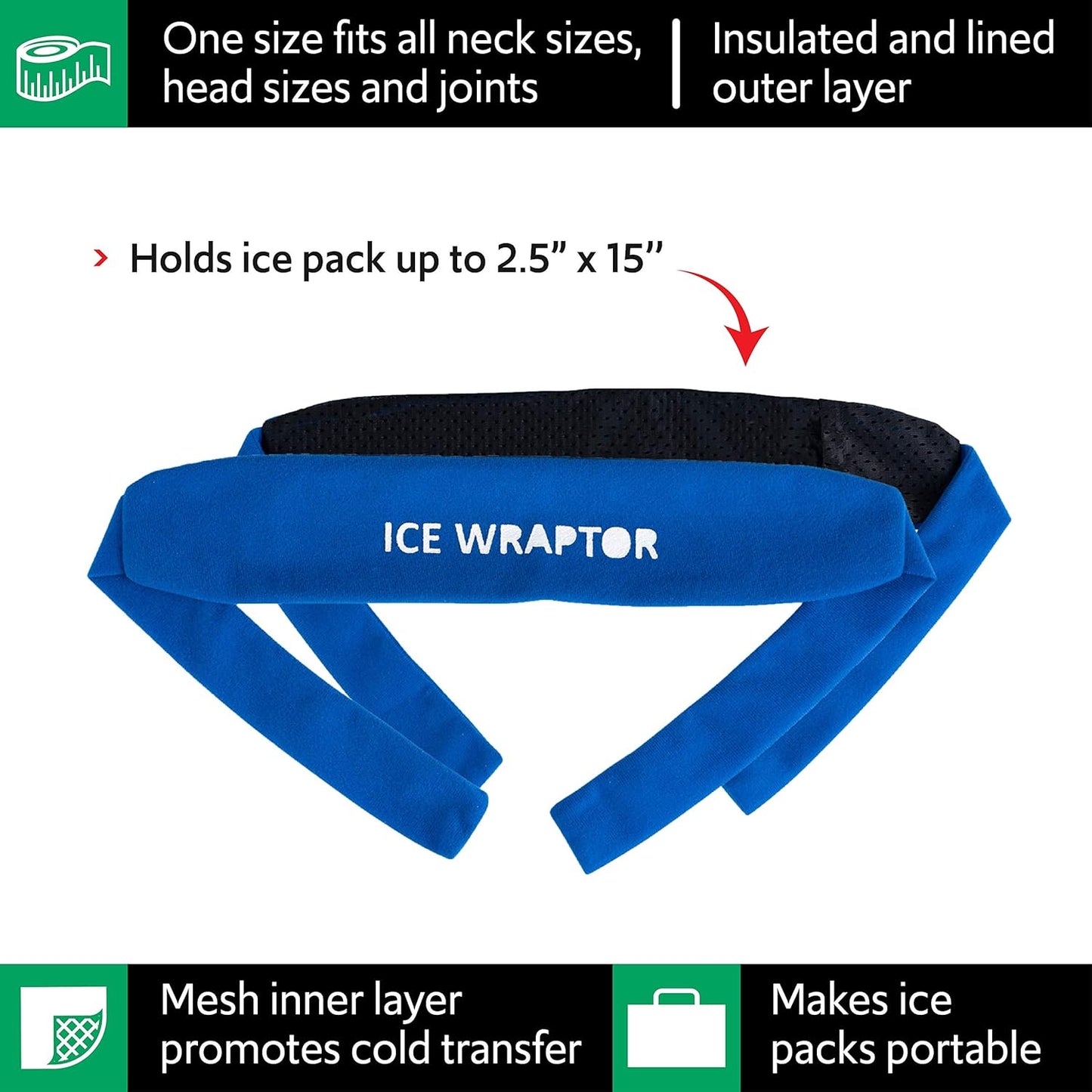 Ice Wraptor Bandana + 6 inserts:Just Add Water & freeze. Keep Neck, Head, oints Cool. Portable Ice Therapy for Pain Relief.Adjustable, Lightweight Comfortable- w/ 6 2.5"x15" Reusable Cryosheet Inserts