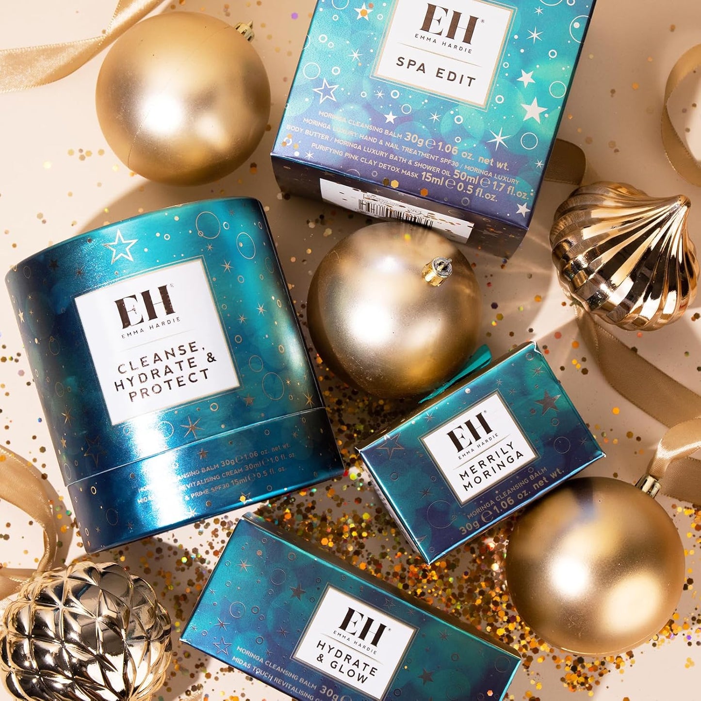 Emma Hardie Cleanse, Hydrate & Protect Gift Set: 30ml Moringa Cleansing Balm, 30ml Midas Touch Revitalising Cream & 15ml Protect & Prime SPF30 Sunscreen Face Moisturiser, Natural & Cruelty Free