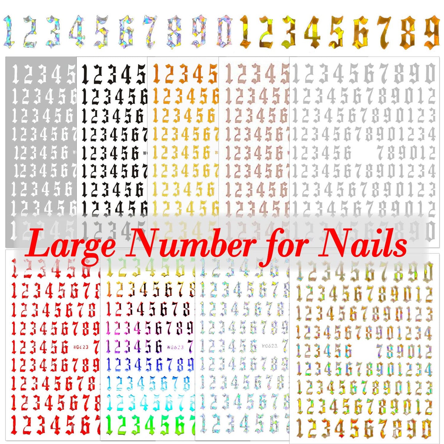 SILPECWEE 9 Sheets Number Nail Stickers Tips 3D Laser Nail Decals for Women Self Adhesive Nail Art Stickers Manicure Design Sticker Nails Decoration with 1Pc Tweezers