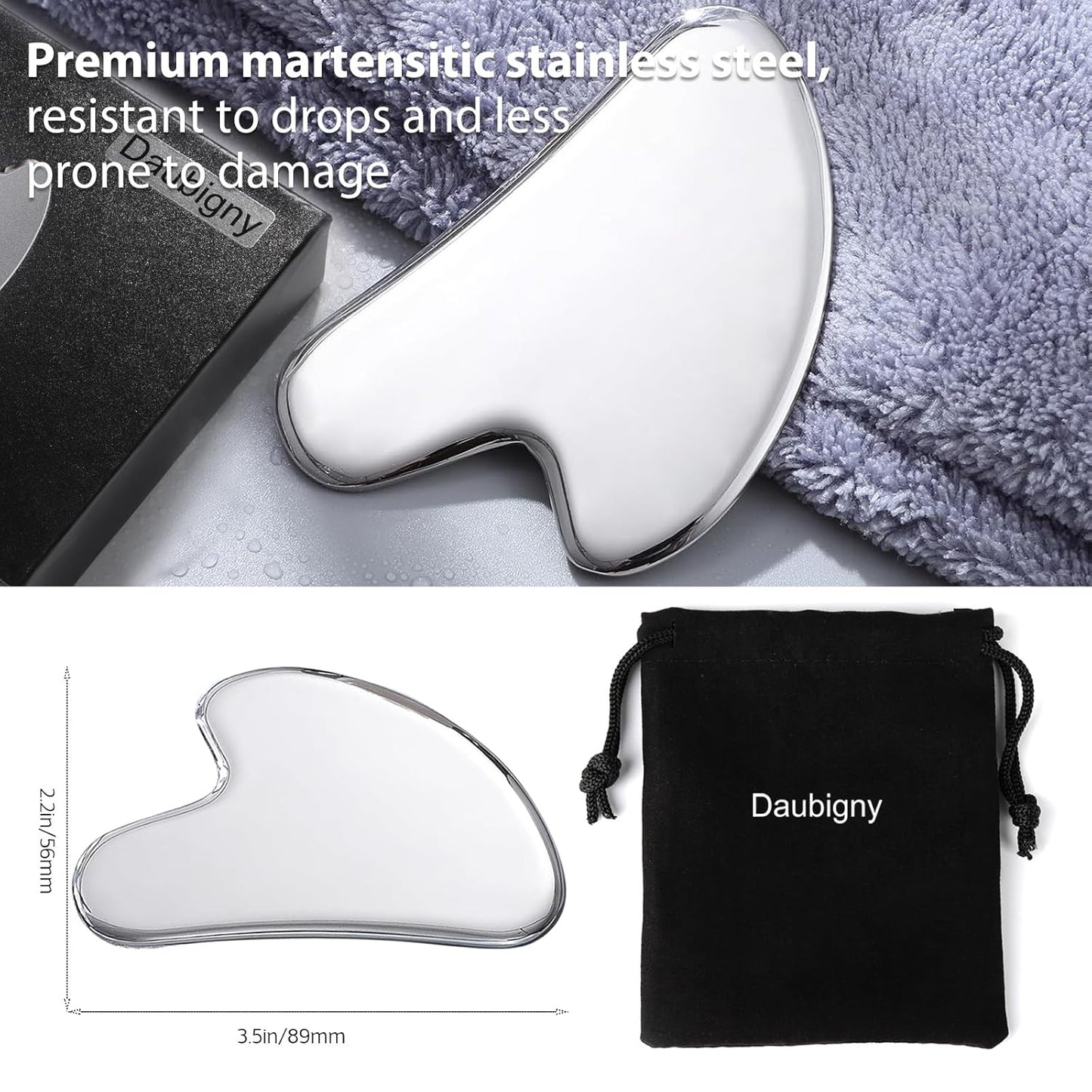 Daubigny Stainless Steel Gua Sha Facial Tools Guasha for Face Metal Gua Sha Tighten Skin Massage Guasha Beauty Tool for Body Eyes Neck Massager with Travel Pouch Skin Care Gifts (Silver)