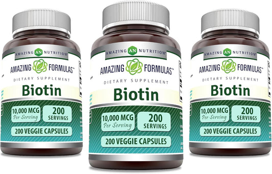 Amazing Formulas Biotin 10000 mcg Veggie Capsules | Vitamin B7 Supplement | Non-GMO | Gluten Free | Made in USA (200 Count | 3 Pack)