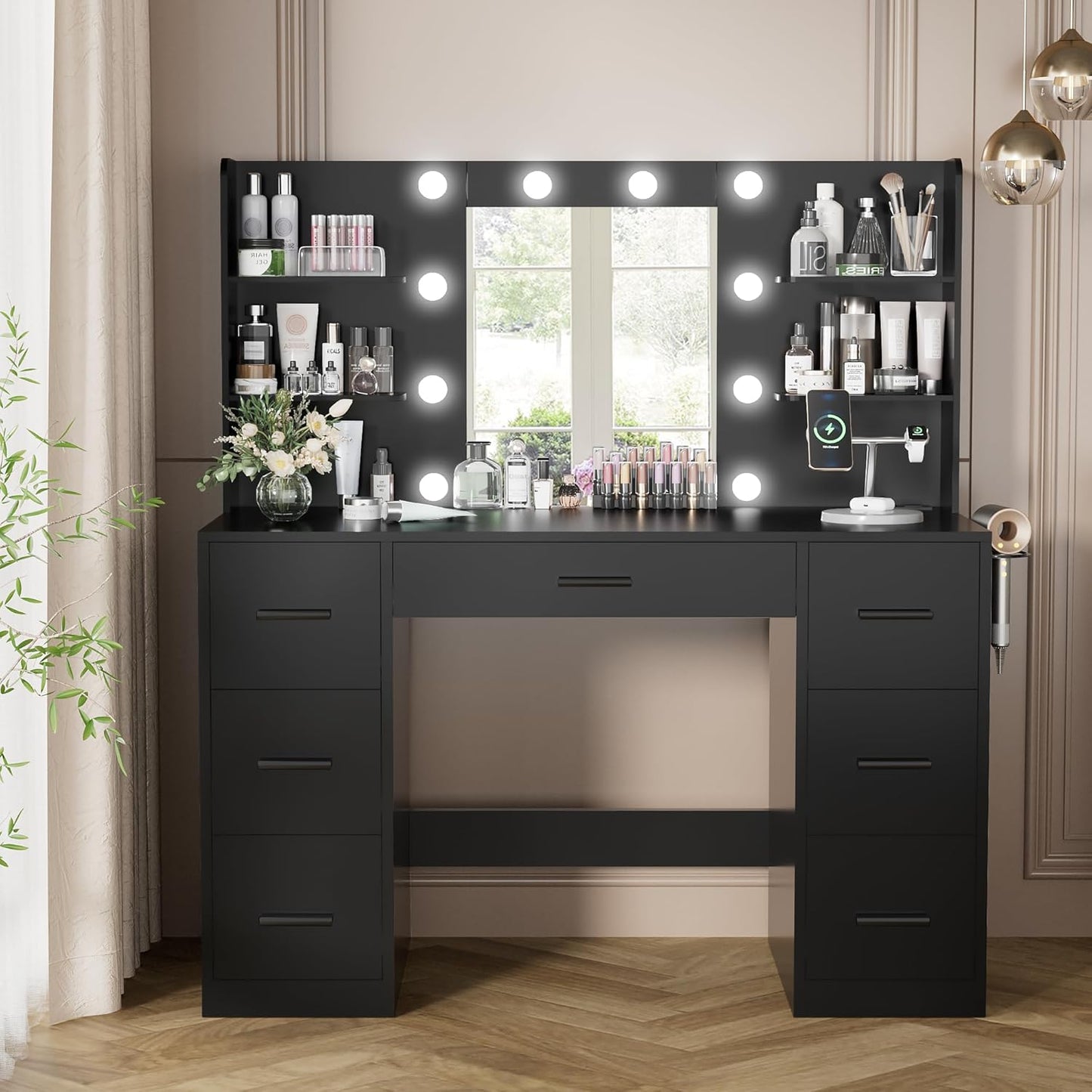 YESHOMY Vanity Desk with Mirror, Power Outlet and 10 Lights, Makeup Table with 7 Drawers, 3 Color Modes Available for Bedroom, Dark Black