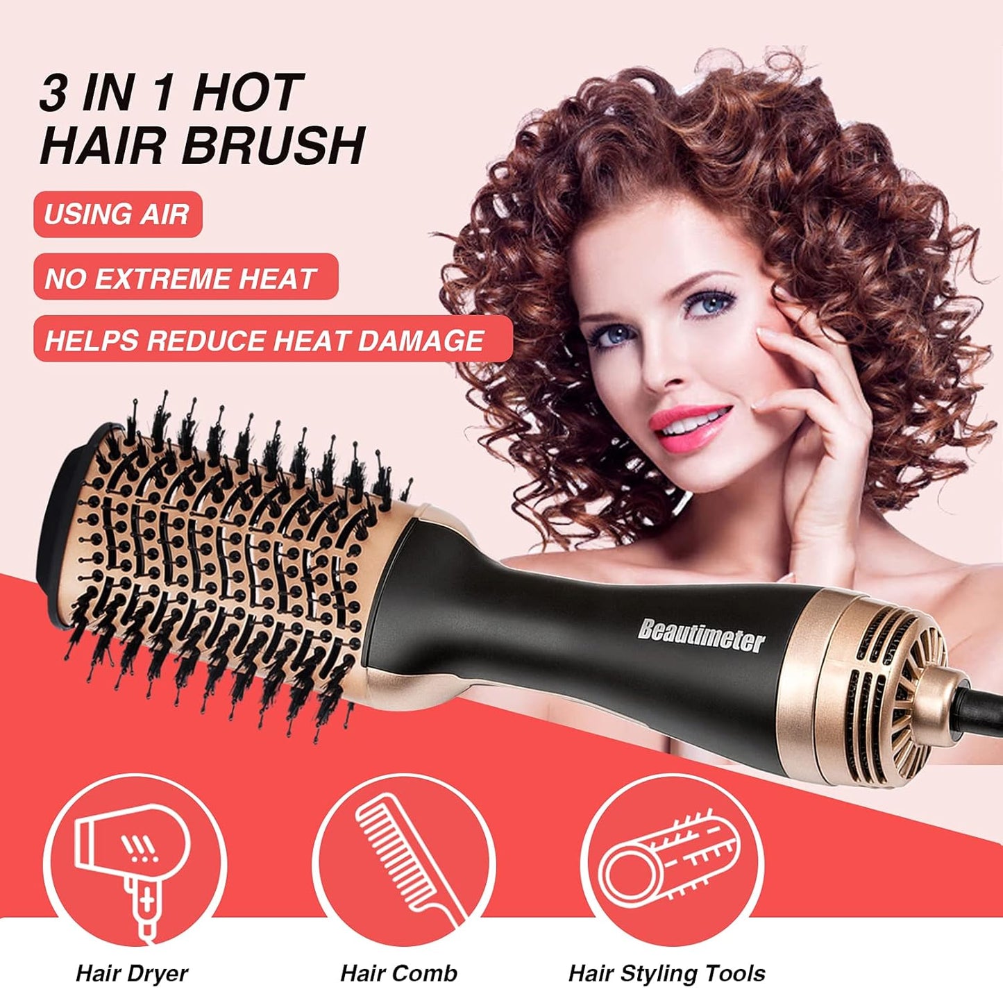 Beautimeter Blow Dryer Brush, Hot Air Brush One Step Hair Dryer and Styler Volumizer, 4 in 1 Negative Ionic Hair Styler with Oval Barrel for Smooth, Frizz-Free Hair Types, Black & Gold