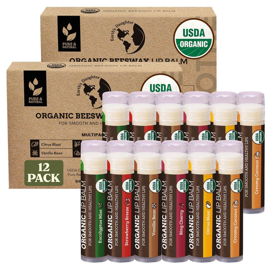 Earth's Daughter USDA Organic Lip Balm 12-Pack (2x 6-Packs) - Fruit Flavors, Beeswax, Coconut Oil, Vitamin E - Best Lip Repair Chapstick for Dry Cracked Lips - Moisturizing Lip Care