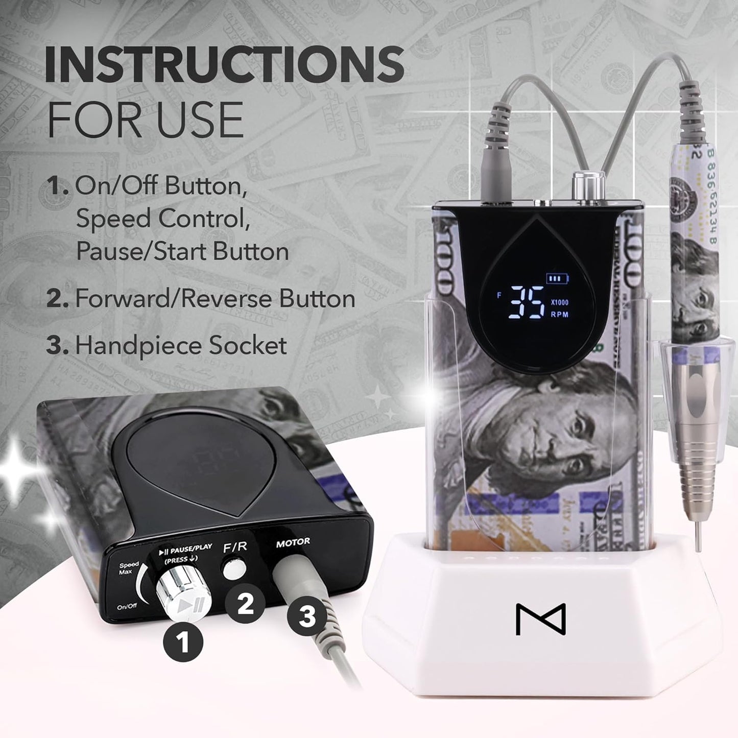 M Max - Nail Drill Professional - 2-in-1 Brushless Motor Nails Drill Machine - Electric, Cordless, Aluminium Alloy Casing, 35000 RPM, HD Display - Perfect for Salon & Home Use Special Edition - Money