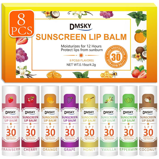 DMSKY SPF 30 Sunscreen lip balm, SPF Lip Balm Bulk Travel Size, Broad Spectrum UVA/UVB Protection, Bulk Lip Sunscreen for Dry Cracked Lips-8 Pcs