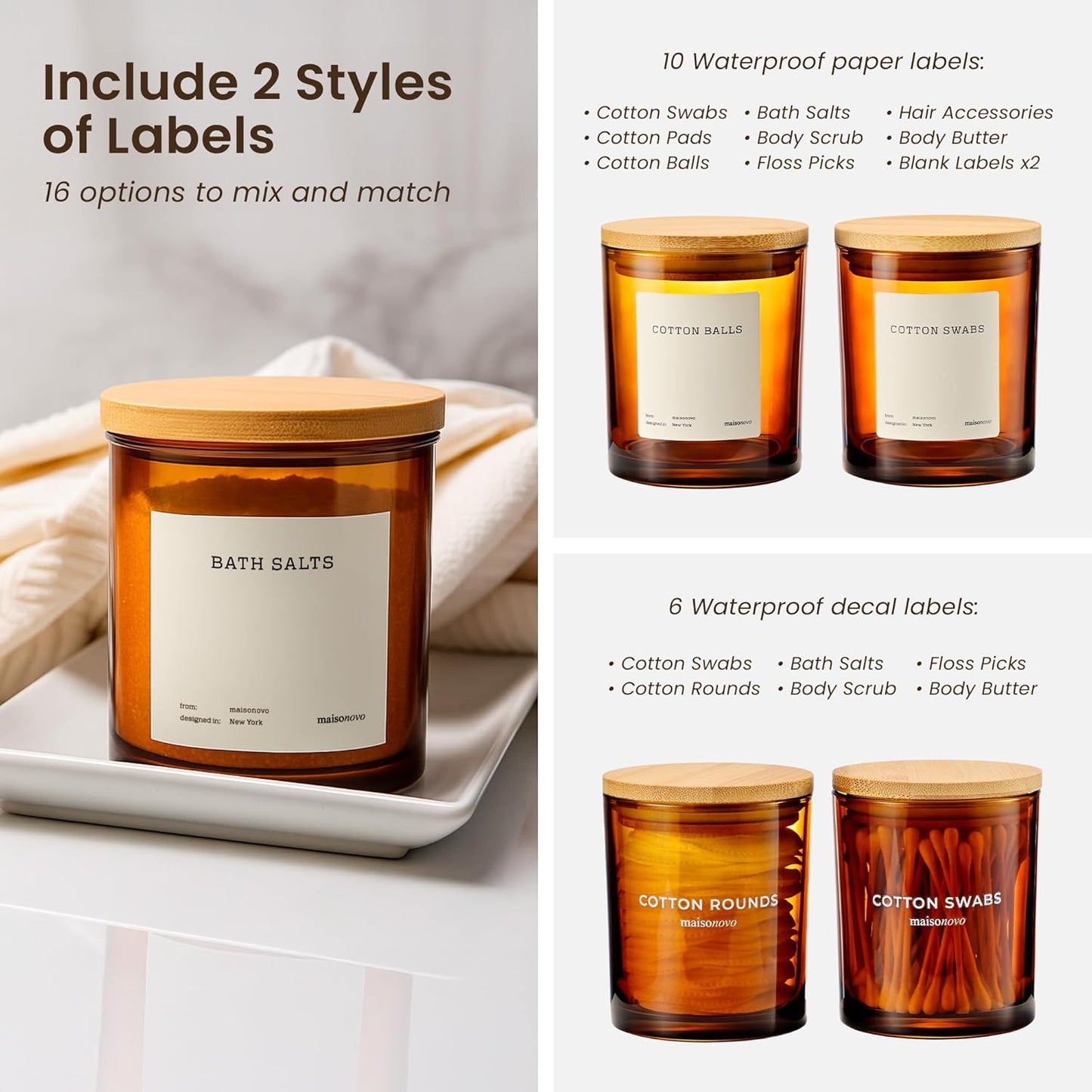 MaisoNovo Qtip Holder Bathroom Set – Airtight Cotton Ball Holder with Lid to Store Cotton Rounds, Swabs, Floss Picks, Hair Ties with free labels pack - 2 Amber Jars with Bamboo Lids