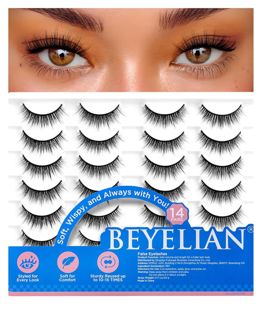 BEYELIAN False Eyelashes 14 Pairs Eye Lashes 10-15mm Strip Lash Pack Soft 3D Volume Faux Mink Lashes That Look Like Extensions C188