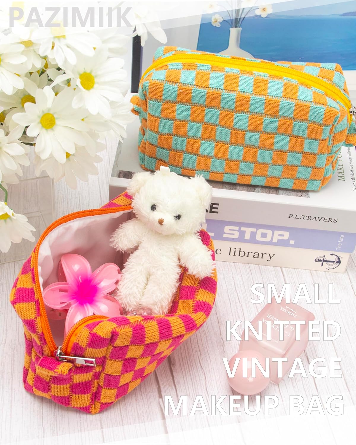 PAZIMIIK Checkered Makeup Bag for Purse Portable Zipper Make Up Pouch Small Cosmetic Case for Travel Red Orange