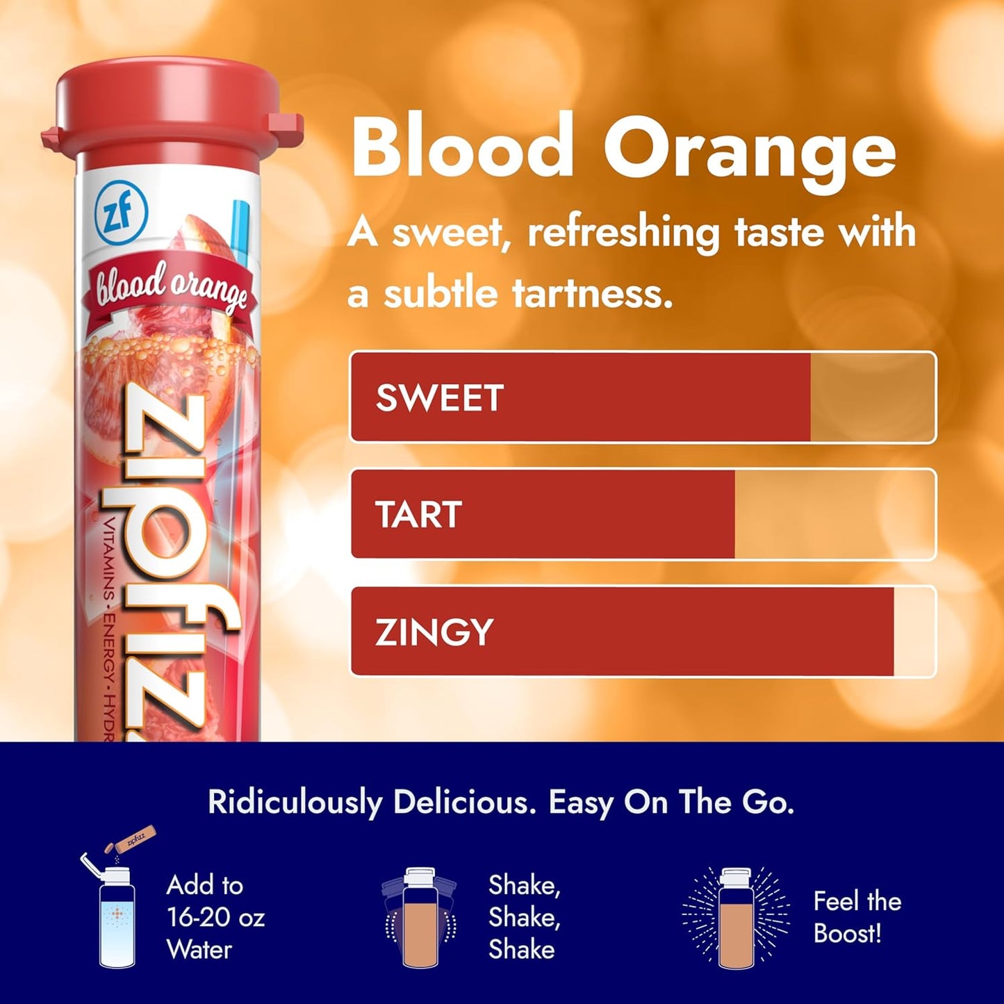Zipfizz Daily Energy Drink Powder, Blood Orange, 20 Pack | 3-in-1 Sustained Energy, Rapid Hydration, and Essential Vitamins | Sugar-Free | Electrolyte Powder | Contains Vitamin B-12 & Antioxidants