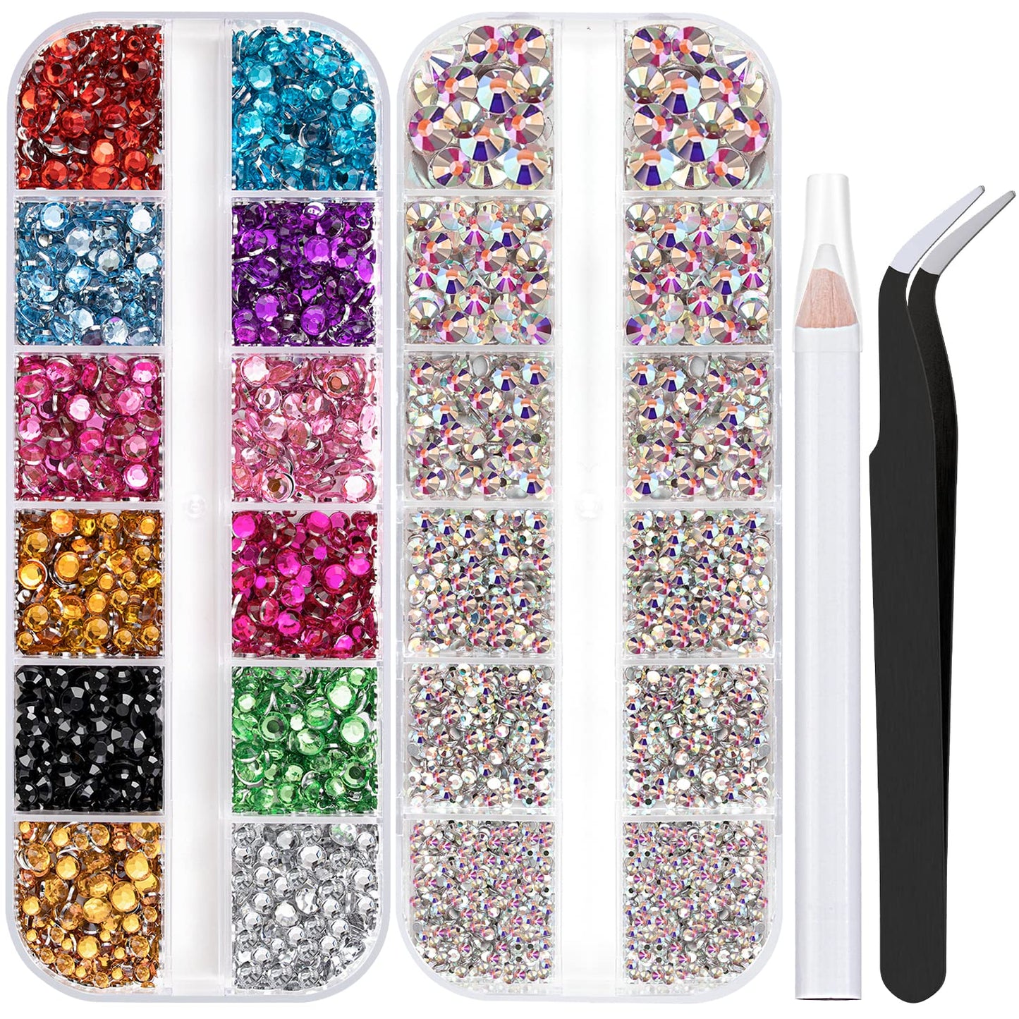 Two Packs of Flatback Rhinestones 4520 Pcs Colorful Nail Art Flatback Crystal Colorful+AB Rhinestone with Picker Pencil and Tweezer for Nail Art and Decoration