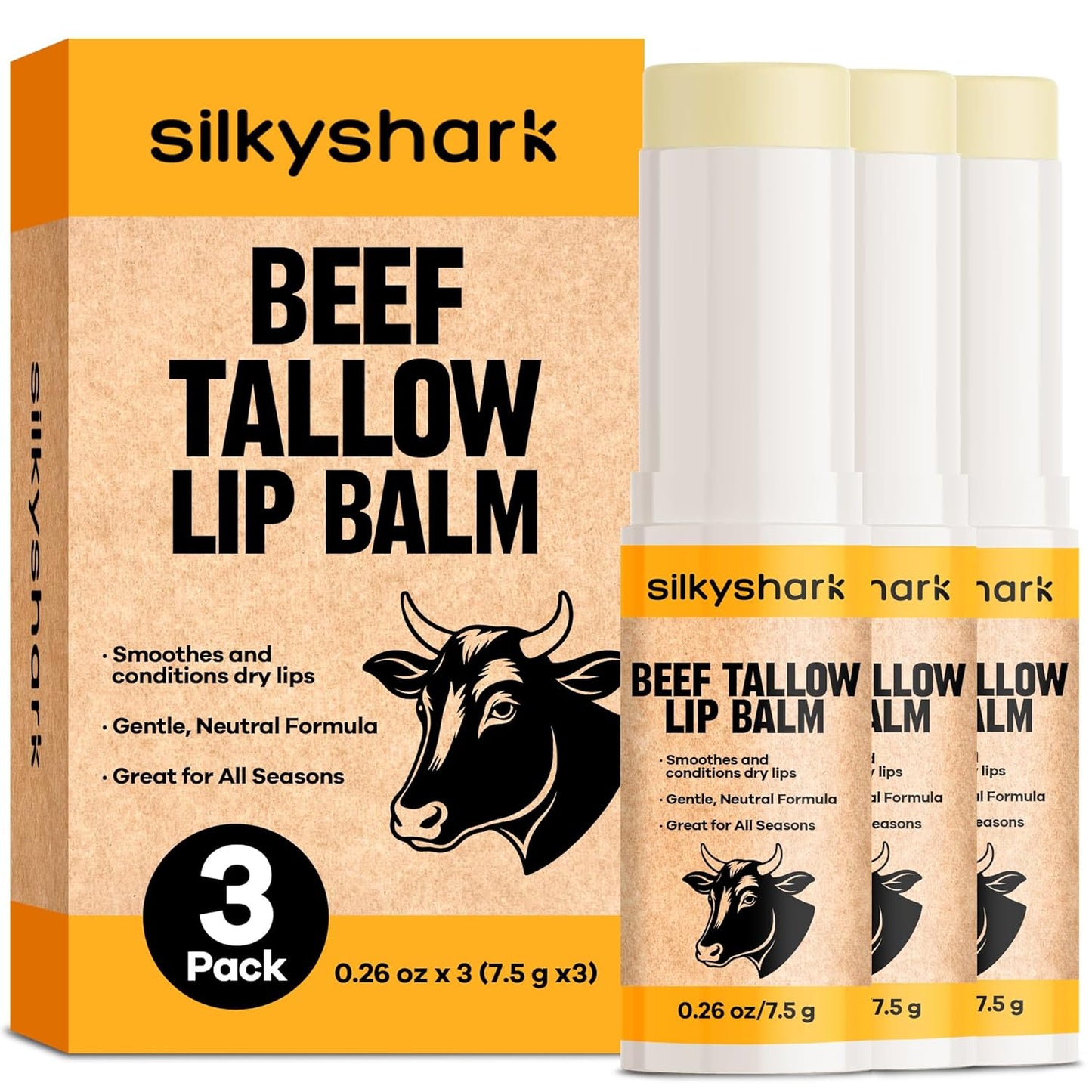 Beef Tallow Lip Balm (3 Pack), Beef Tallow Moisturizer, Tallow Lip Balm Organic, Natural Moisturizing Lip Care with Beeswax & Skin-loving Wax, Unscented Lipsticks for Dry, Chapped Lips