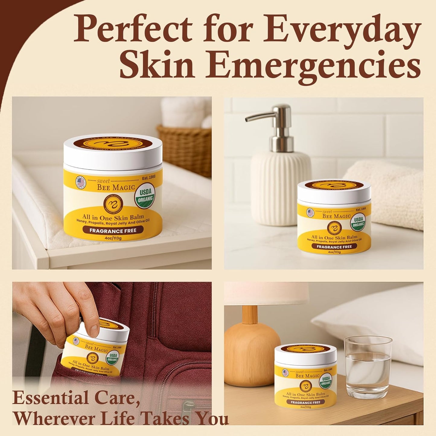 Sweet Bee Magic All In One Healing Organic Balm - Natural Skin Healing Cream, Beeswax Balm for Dry Skin, Face & Body Moisturizer - Certified Organic, All Natural Aid - (4oz Each, 24oz Total)