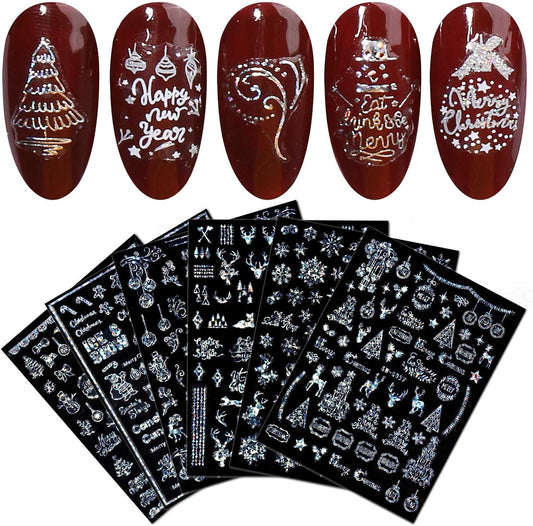 9 Sheets Merry Christmas Nail Art Stickers Decals Self-Adhesive Holiday Snowflakes Laser Silver Snowman Bell Nail Supplies Nail Art Design Decoration Accessories