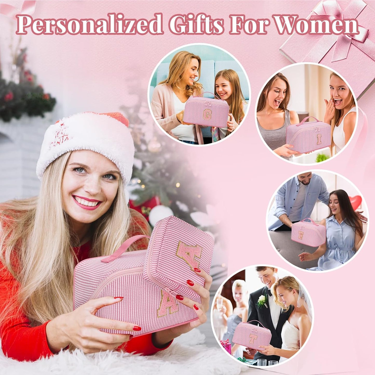 Travel Makeup Bag for Women, 2Pcs Portable Personalized Initial Makeup Organizer Bag, Open Flat Large Cosmetic Bag With Travel Essential Pouch (Pink Letter N)