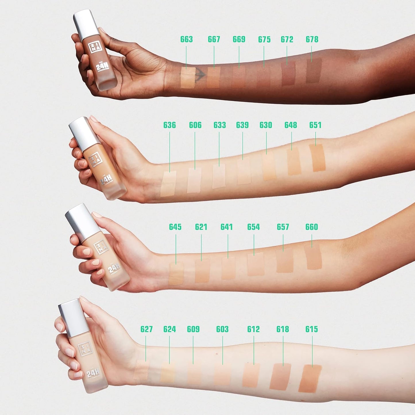 3INA The 24H Foundation 636-24H Long-Wearing Formula - Medium To High Buildable Coverage - Smooth Matte Finish - Expanded Shade Selection - Waterproof, Cruelty Free, Vegan Makeup - 1.01 Oz
