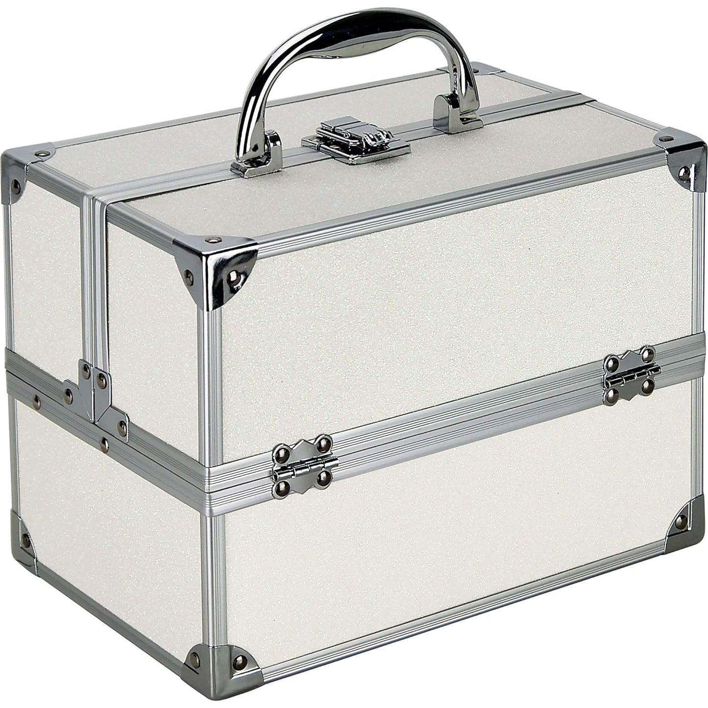 55pcs Makeup Gift Set Kit Train Case With Extendable Trays (eyeshadow, Blushes, Lipstick & More) - Vmk1304, White Glitter