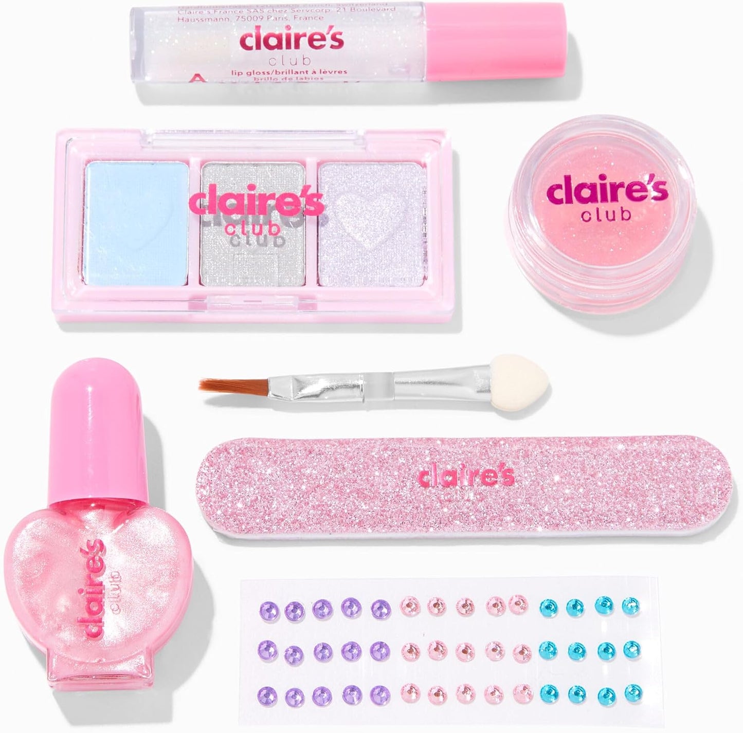 Claire's Accessories Snow Leopard Cosmetic Makeup Kit for Girls which includes Eye Shadows, Lip Gloss, Nails and More
