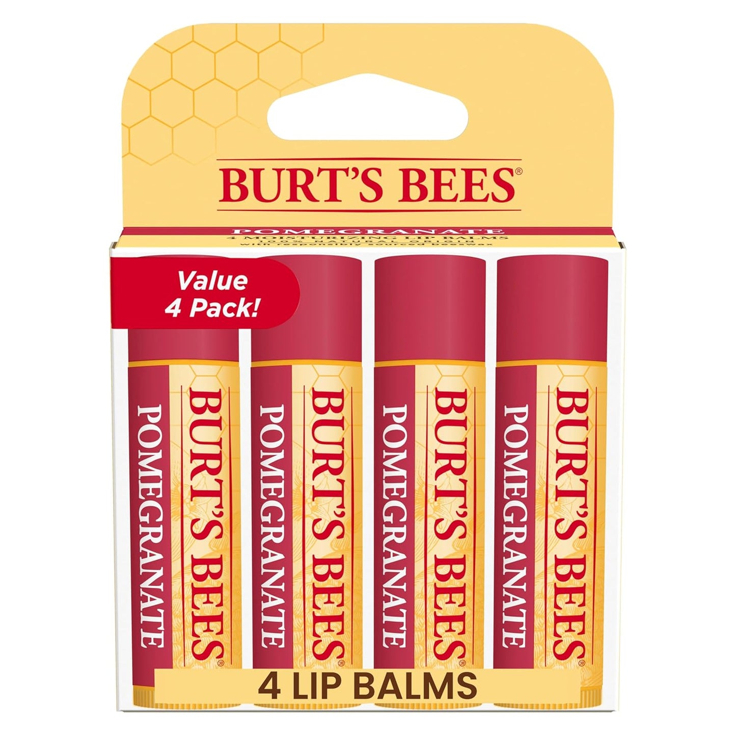 Burt's Bees Back to School Gift Ideas, Lip Balm - Pomegranate, Lip Moisturizer With Responsibly Sourced Beeswax, Tint-Free, Natural Origin Conditioning Treatment, 4 Tubes, 0.15 oz.